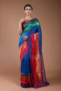 Royal Blue Semi Pochampally Saree With Blouse Piece