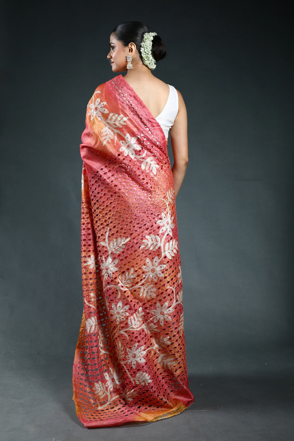 Peach Pink Tussar cutwork Saree with Blouse Piece