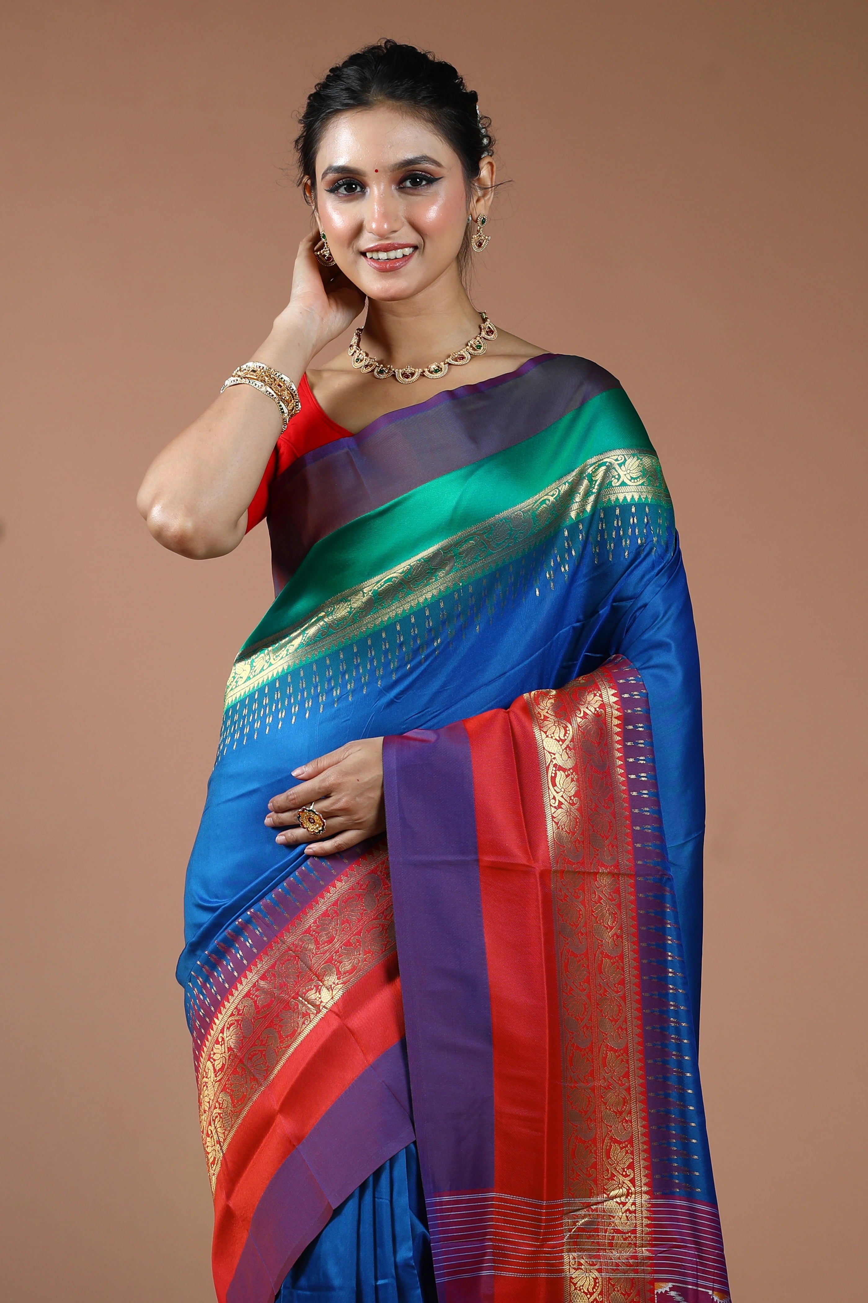 Royal Blue Semi Pochampally Saree With Blouse Piece