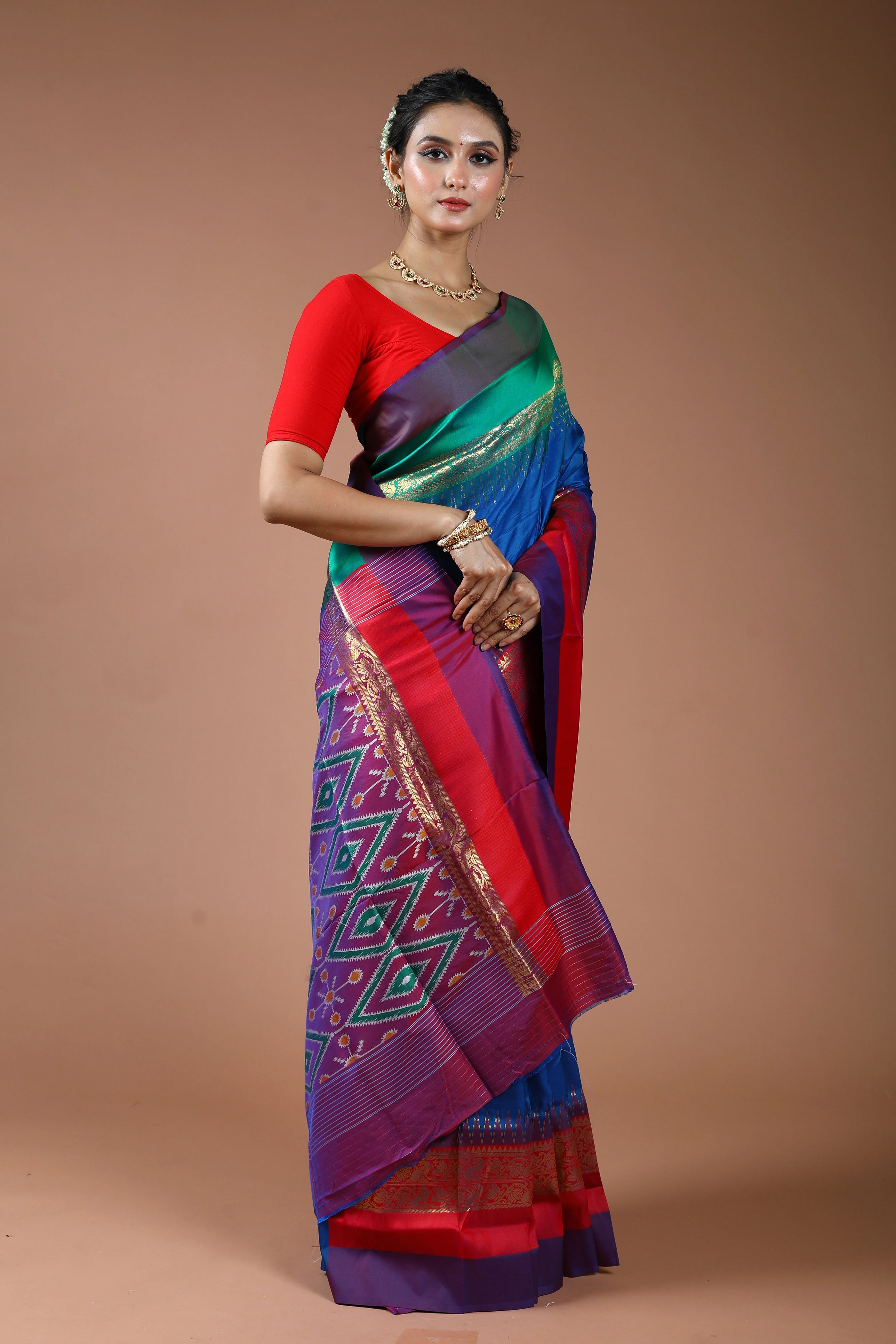 Royal Blue Semi Pochampally Saree With Blouse Piece