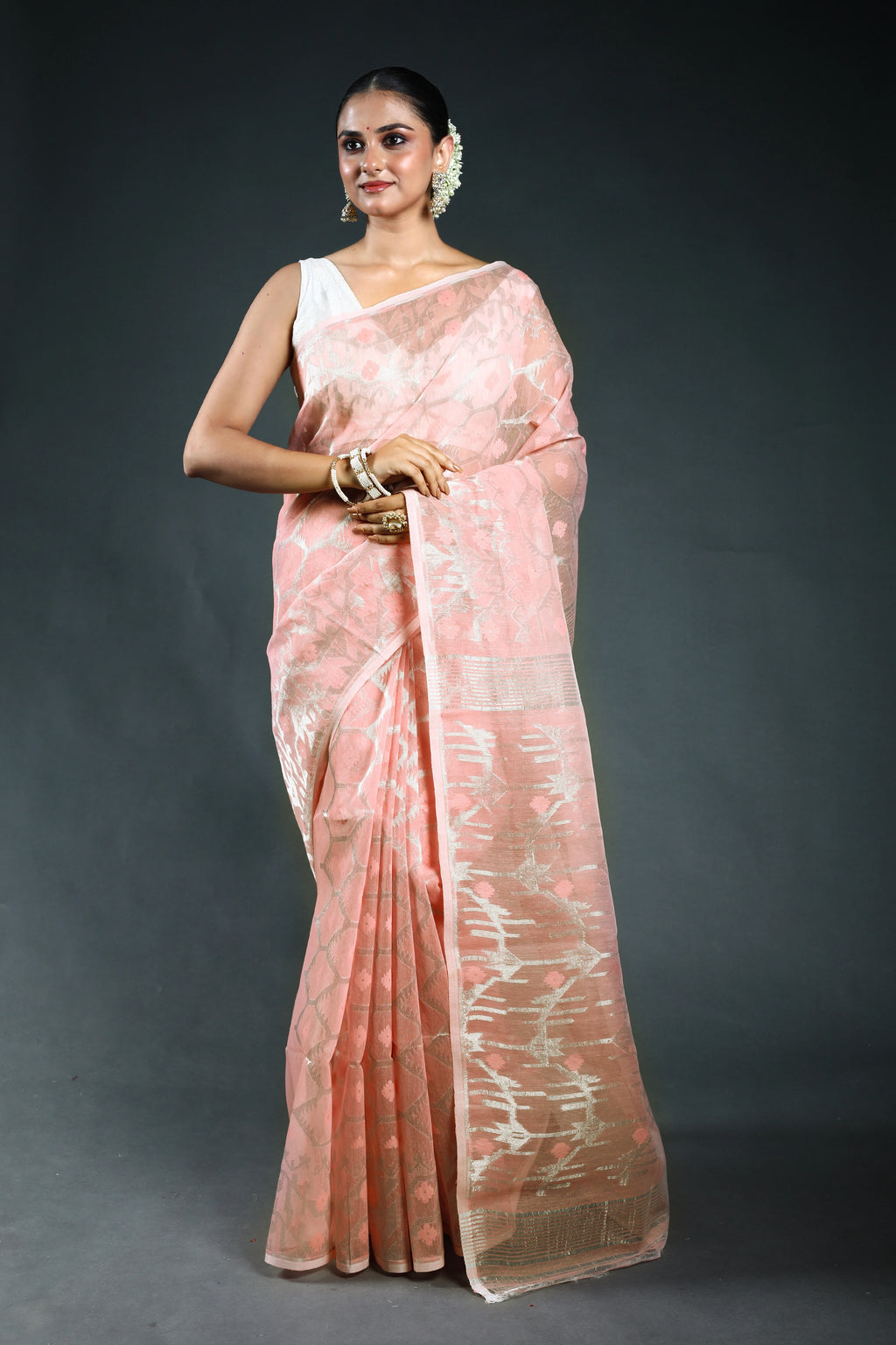 Baby Pink Bengal Jamdani Saree with Blouse Piece