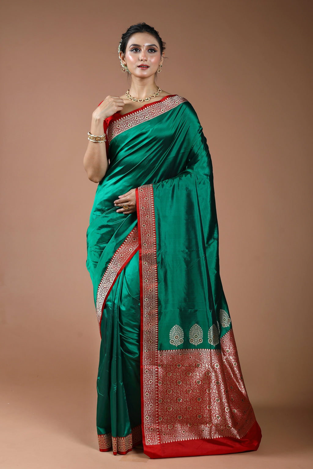 Deep Green Pure Katan Silk Saree With Blouse Piece