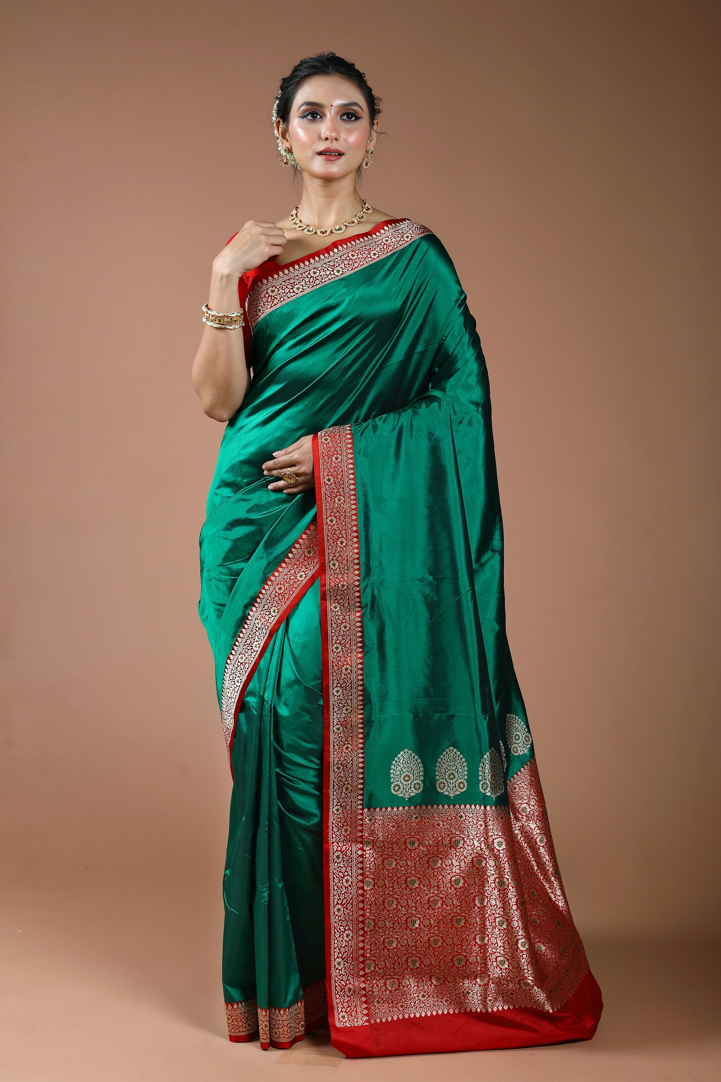 Deep Green Pure Katan Silk Saree With Blouse Piece
