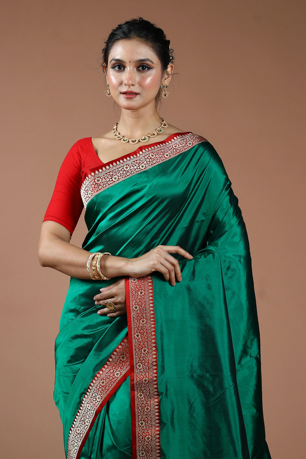 Deep Green Pure Katan Silk Saree With Blouse Piece