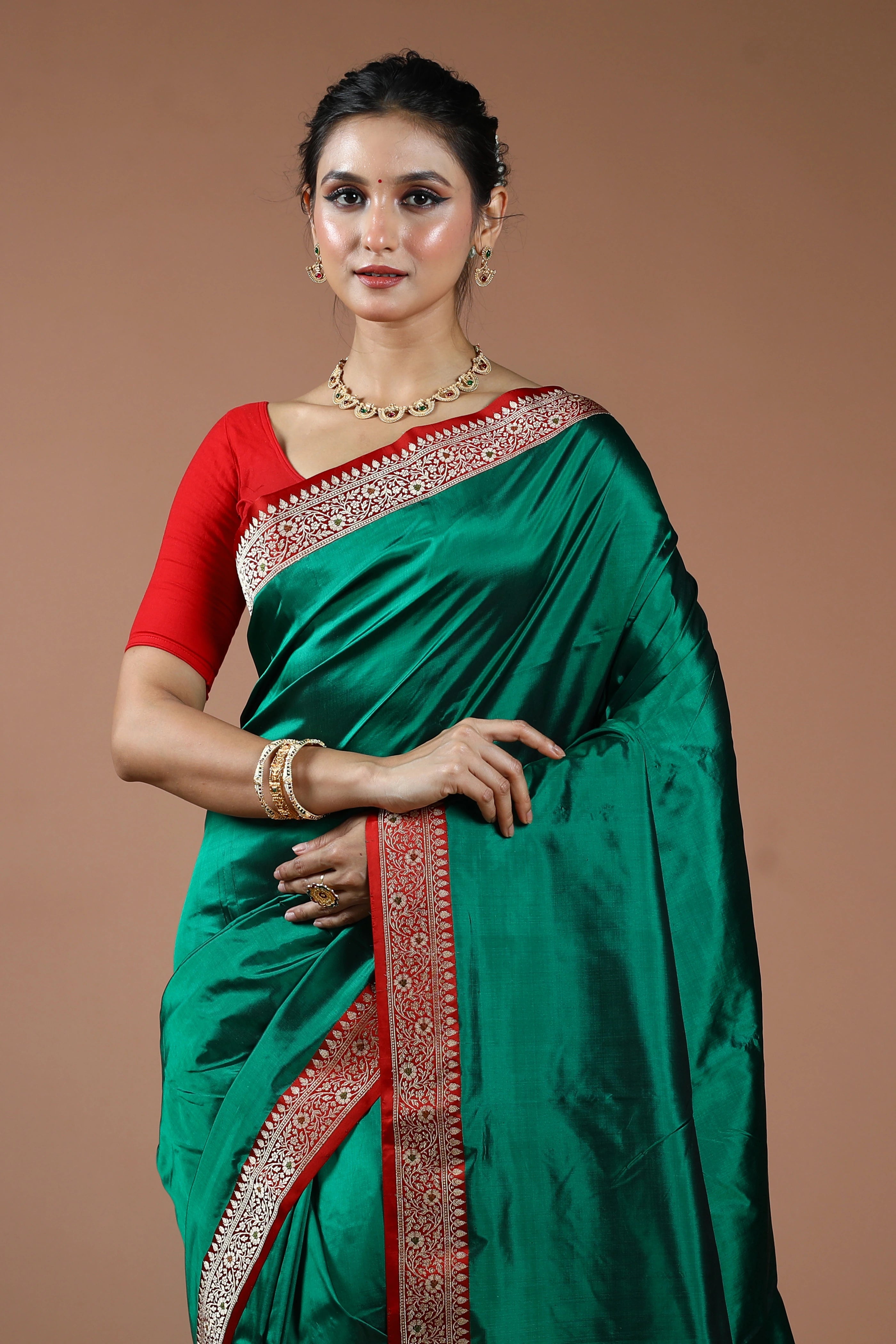 Deep Green Pure Katan Silk Saree With Blouse Piece