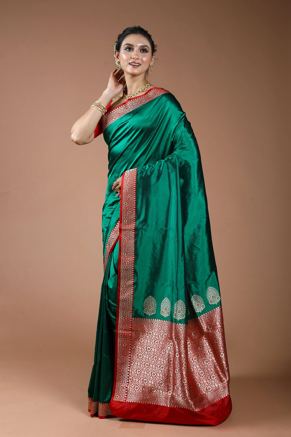 Deep Green Pure Katan Silk Saree With Blouse Piece