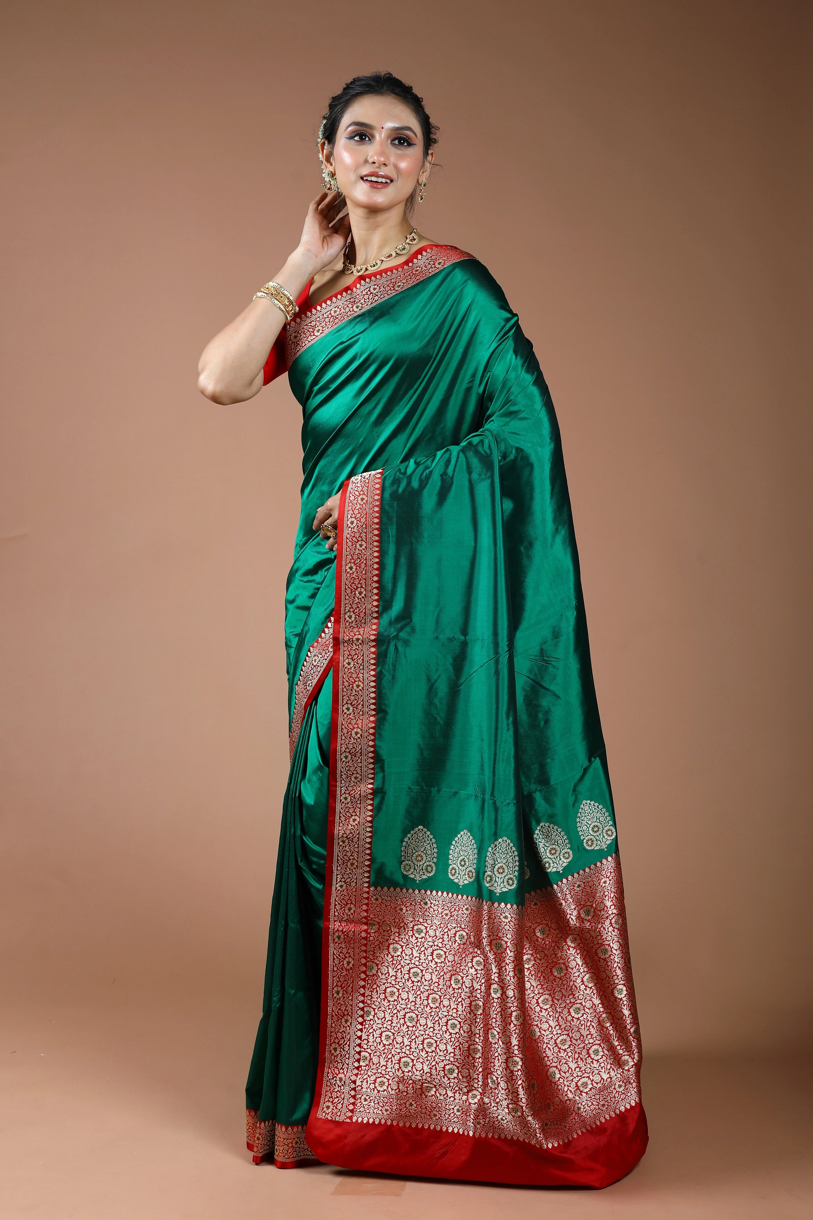 Deep Green Pure Katan Silk Saree With Blouse Piece