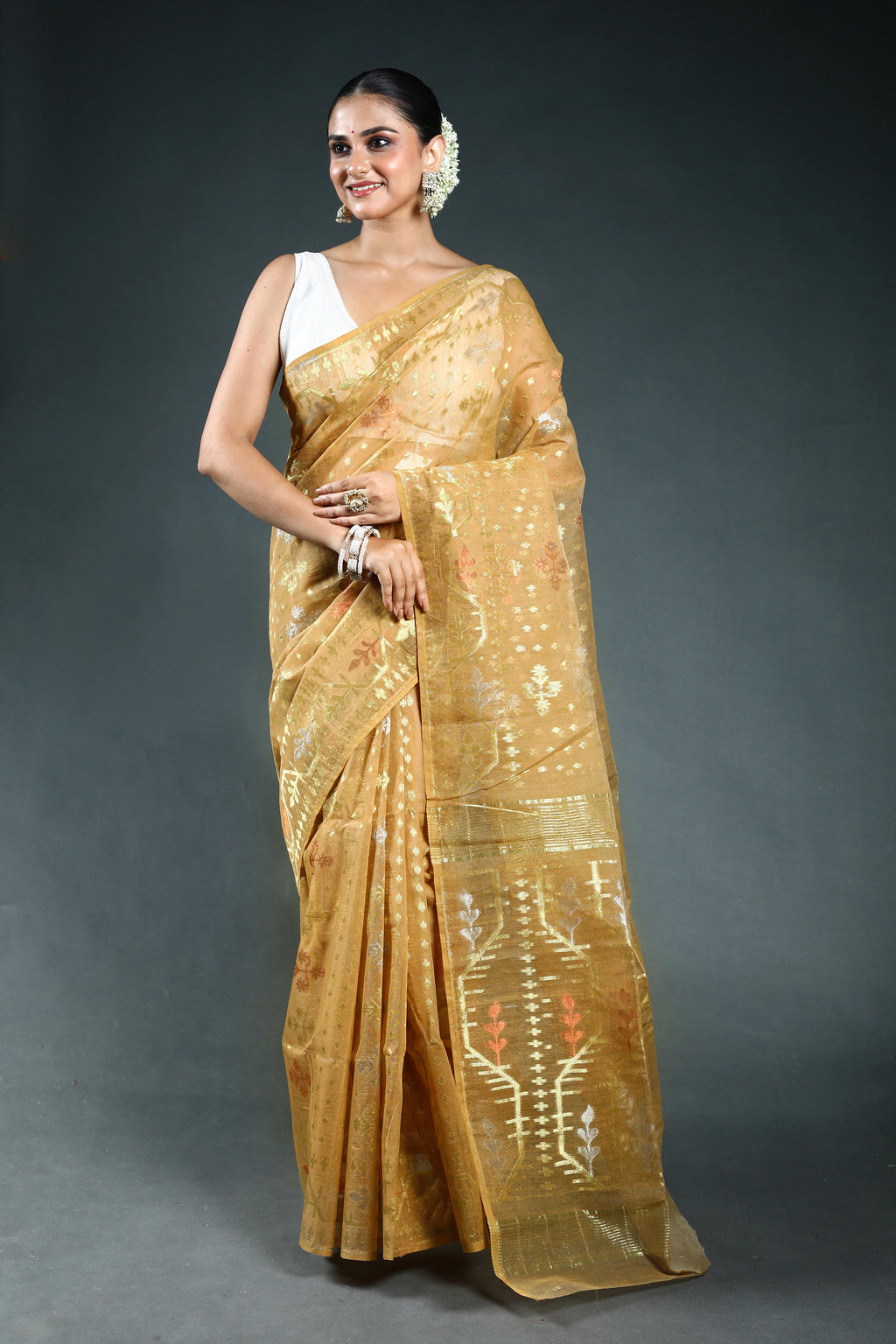 Beige Gold Bengal Jamdani Saree with Blouse Piece