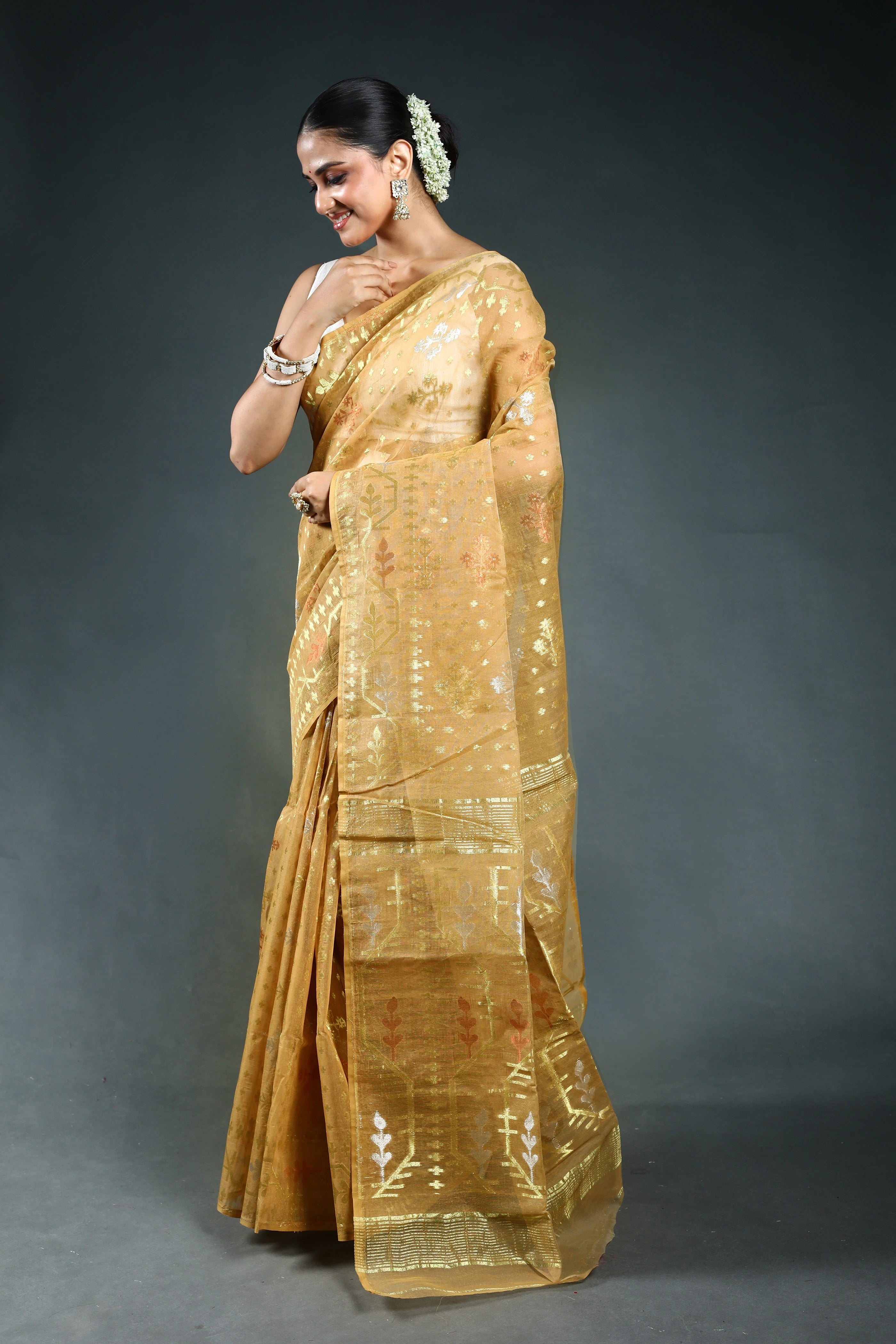 Beige Gold Bengal Jamdani Saree with Blouse Piece