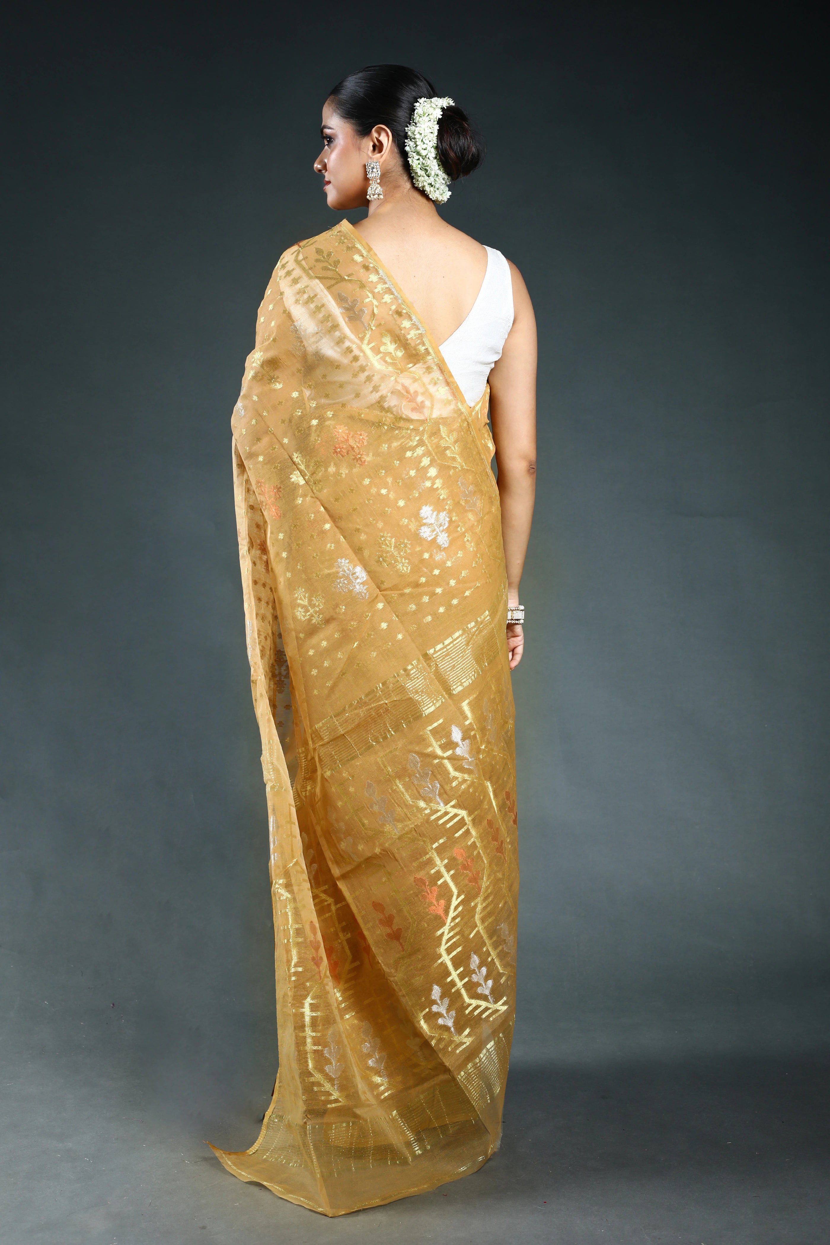 Beige Gold Bengal Jamdani Saree with Blouse Piece