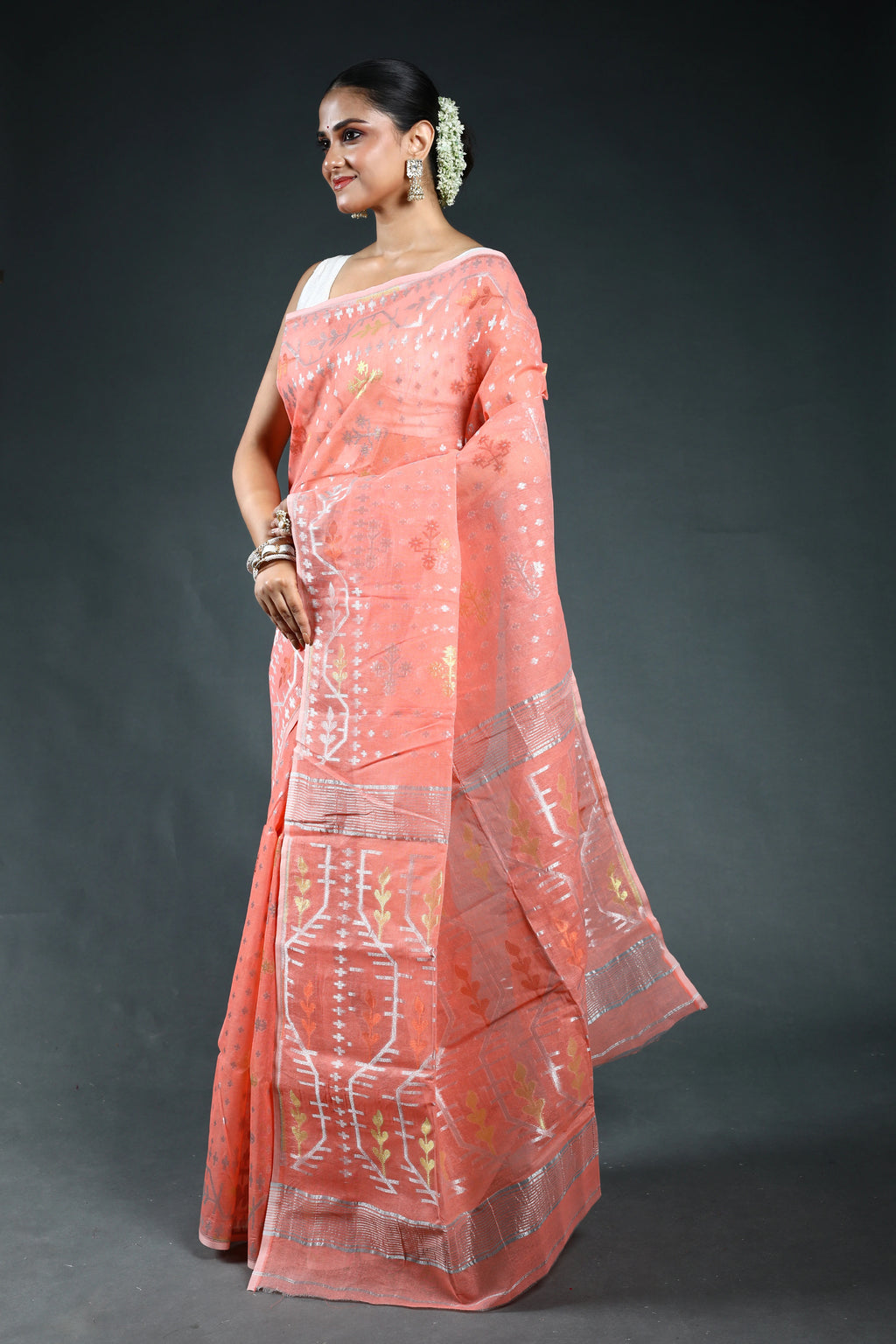 Peach Pink Bengal Jamdani Saree with Blouse Piece