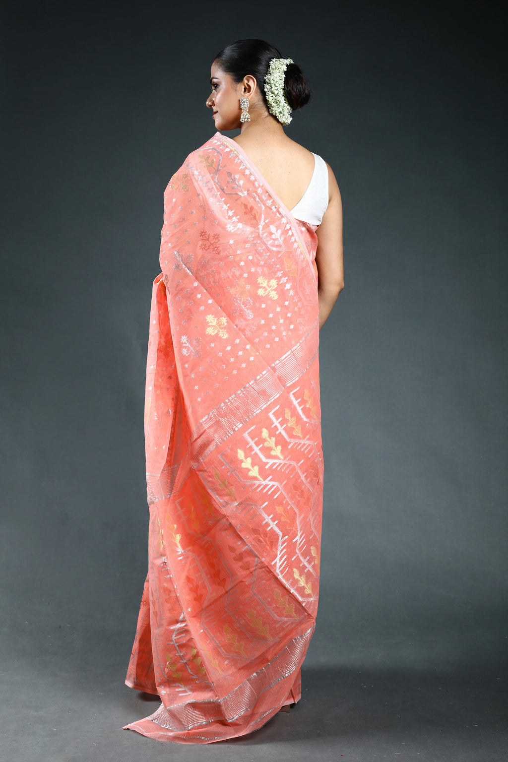 Peach Pink Bengal Jamdani Saree with Blouse Piece