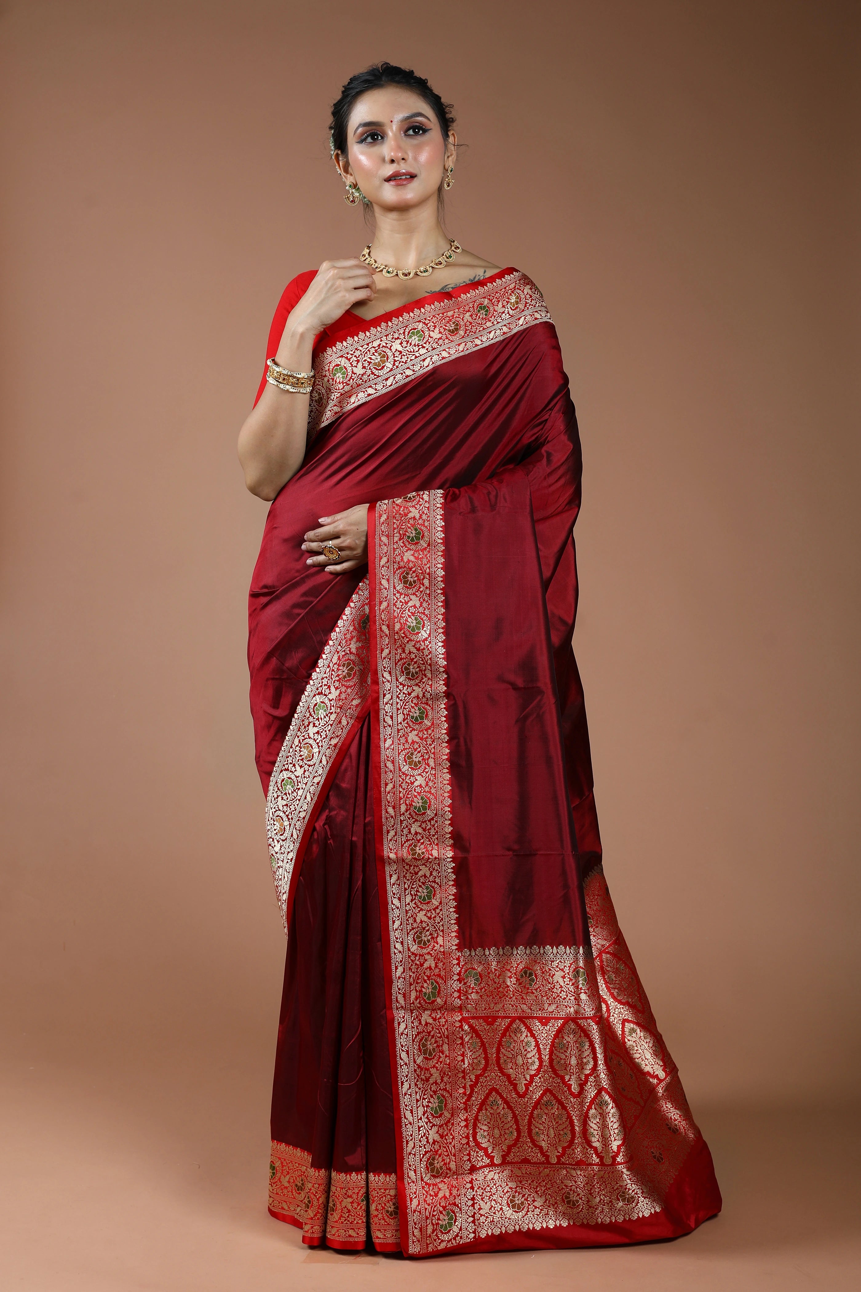 Maroon Pure Katan Silk Saree With Blouse Piece