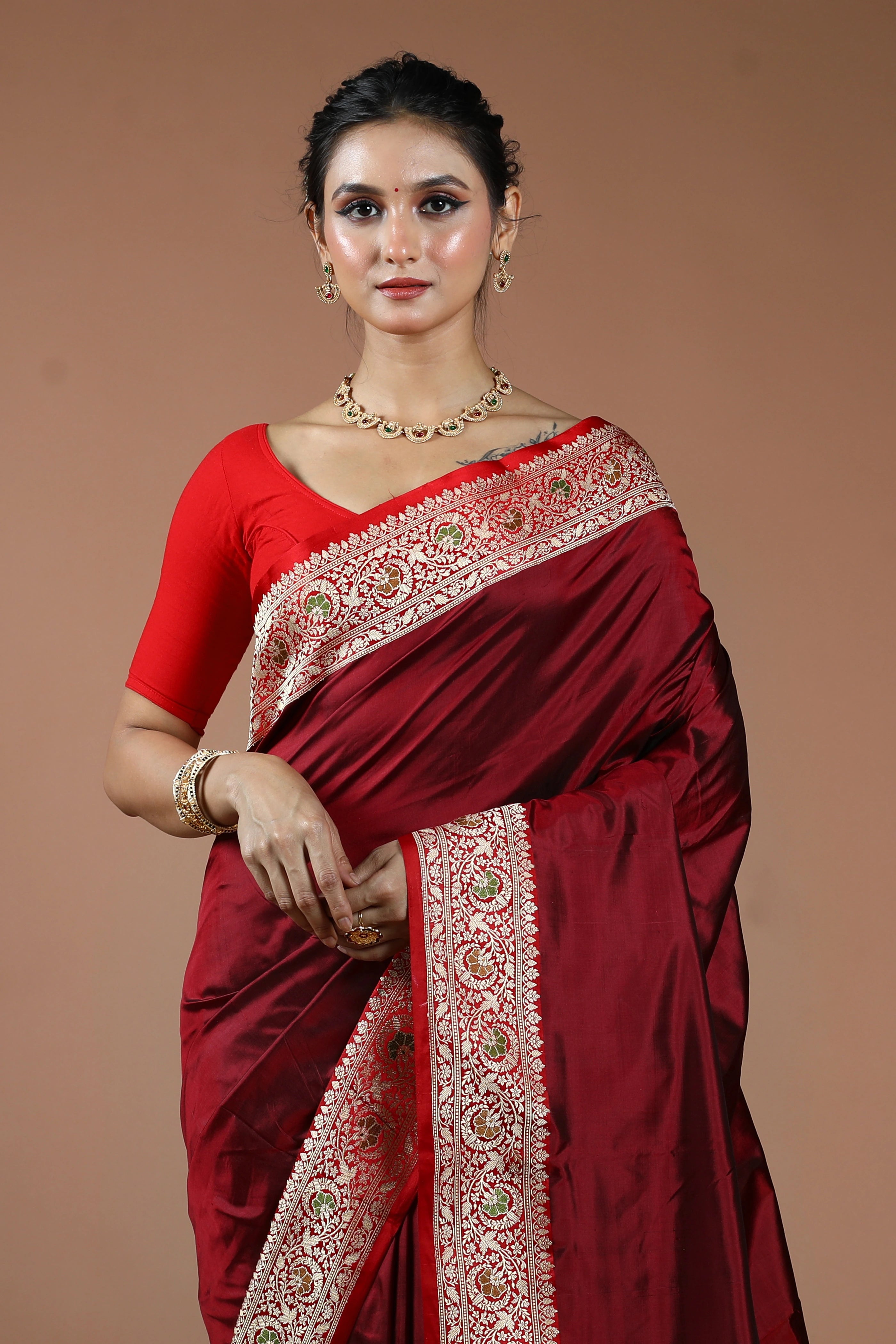 Maroon Pure Katan Silk Saree With Blouse Piece