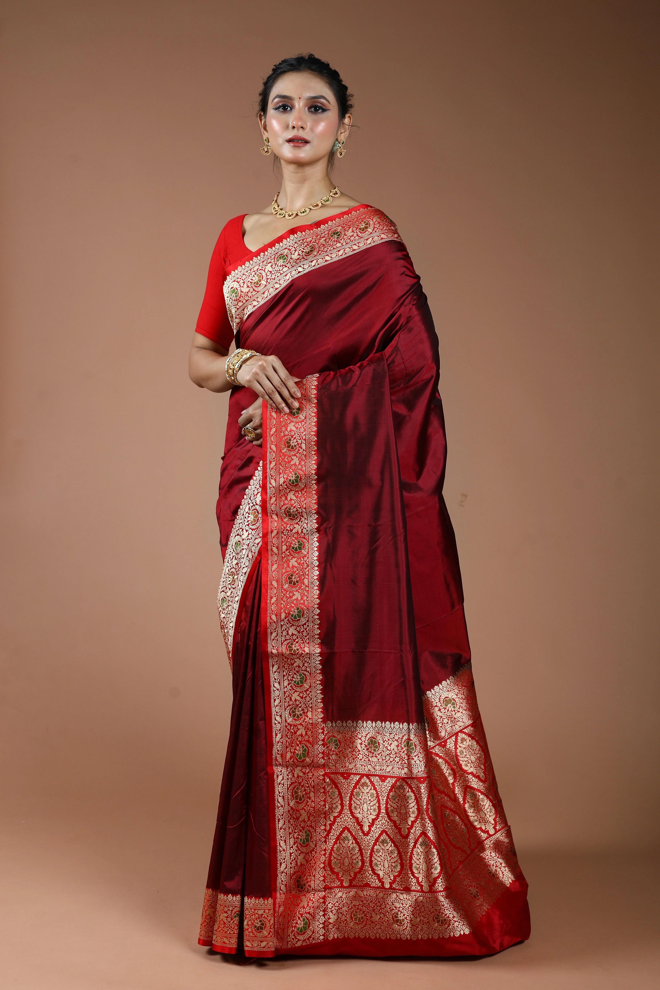 Maroon Pure Katan Silk Saree With Blouse Piece