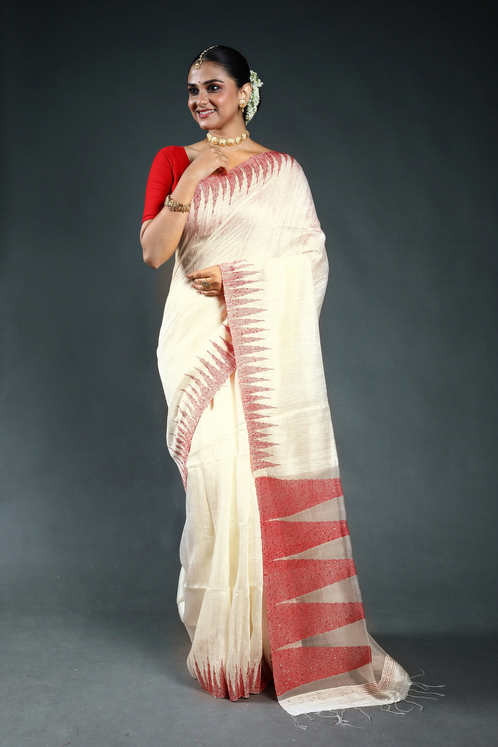 Red & Offwhite Tissue matka Saree with Blouse Piece