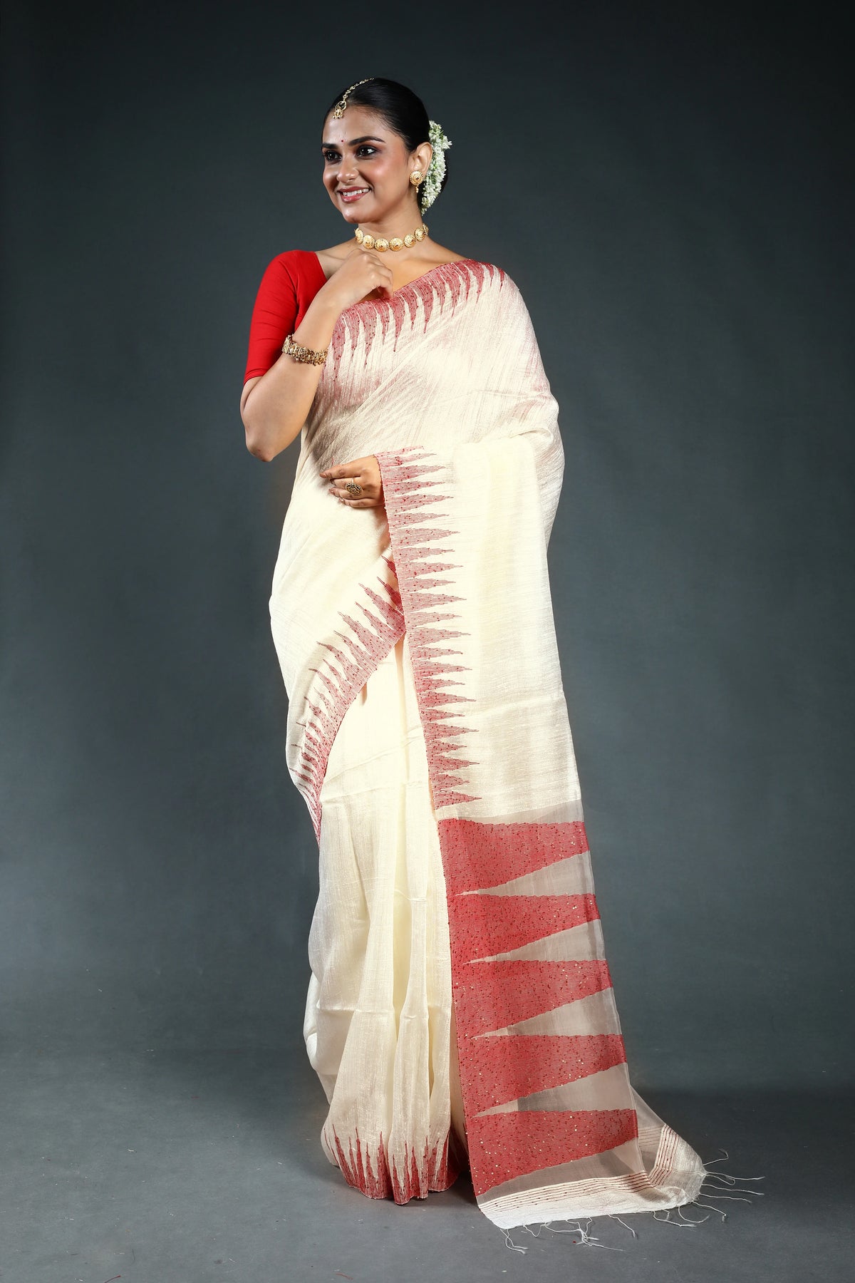 Red & Offwhite Tissue matka Saree with Blouse Piece