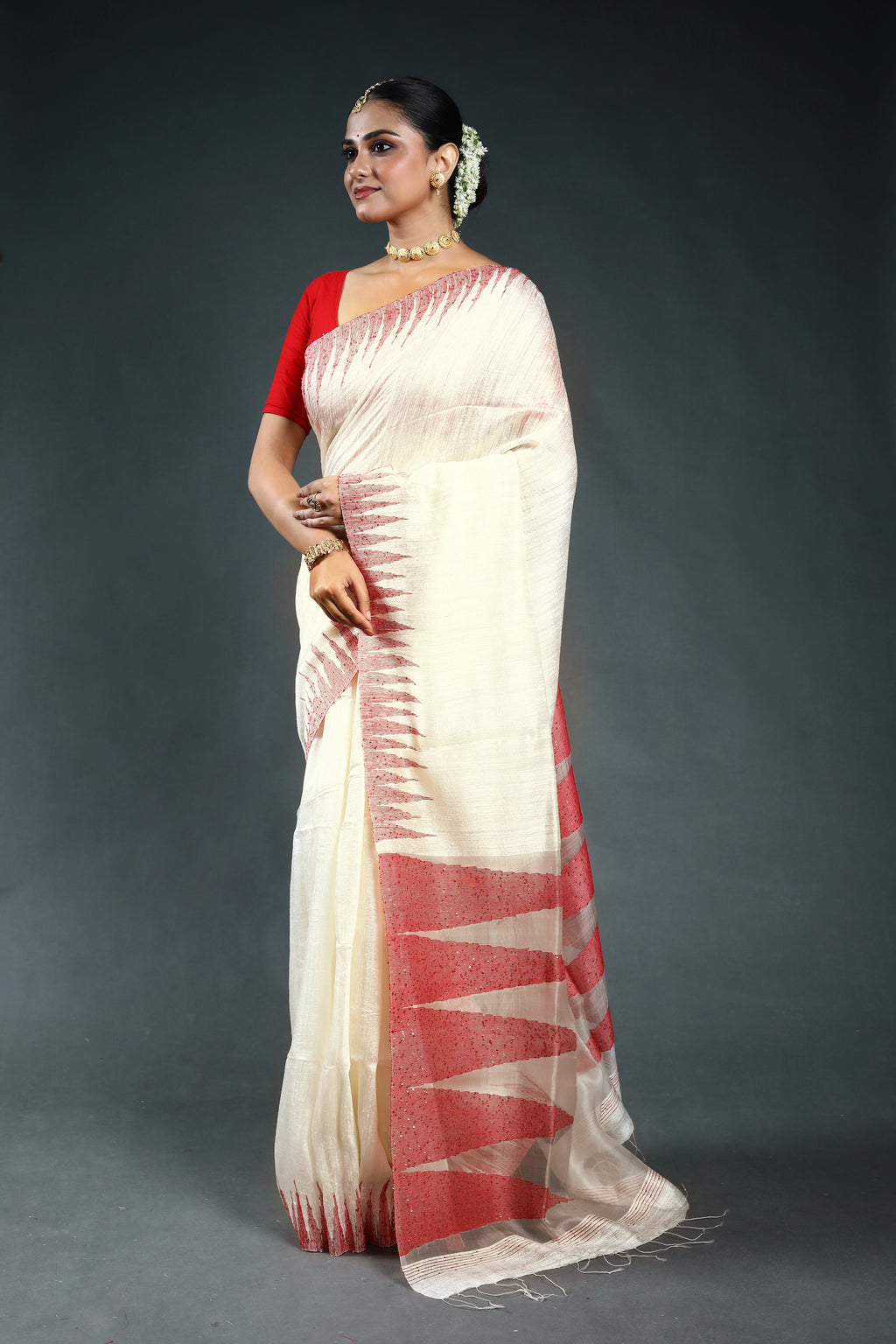 Red & Offwhite Tissue matka Saree with Blouse Piece