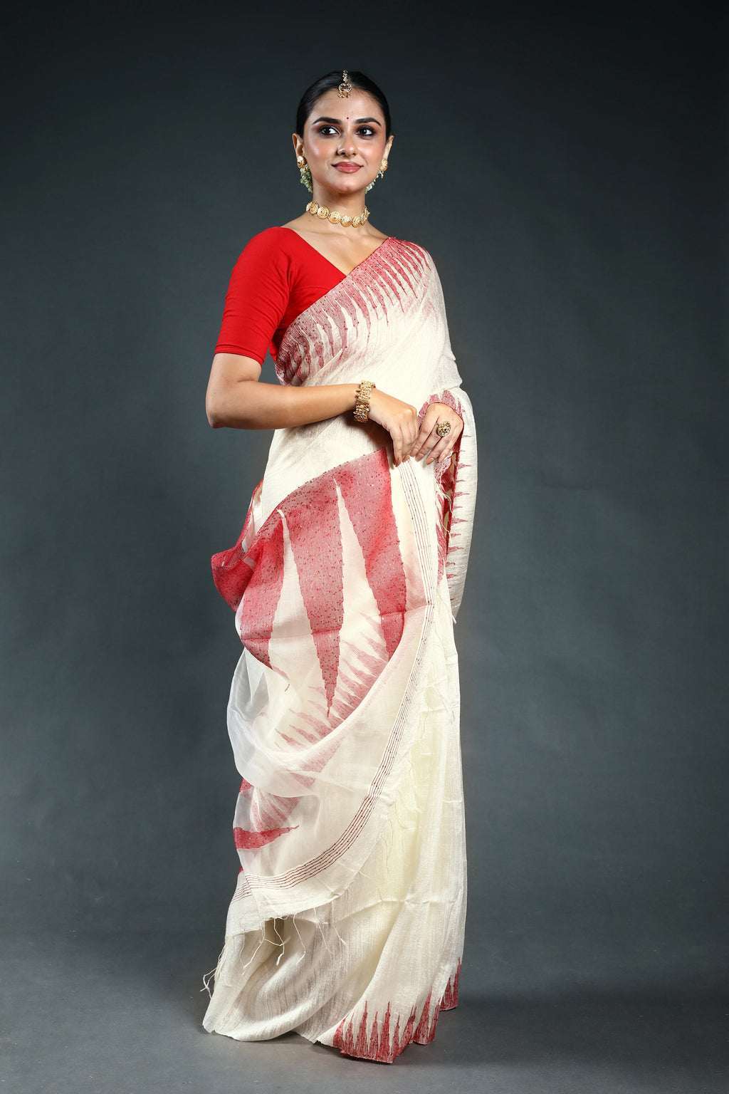 Red & Offwhite Tissue matka Saree with Blouse Piece