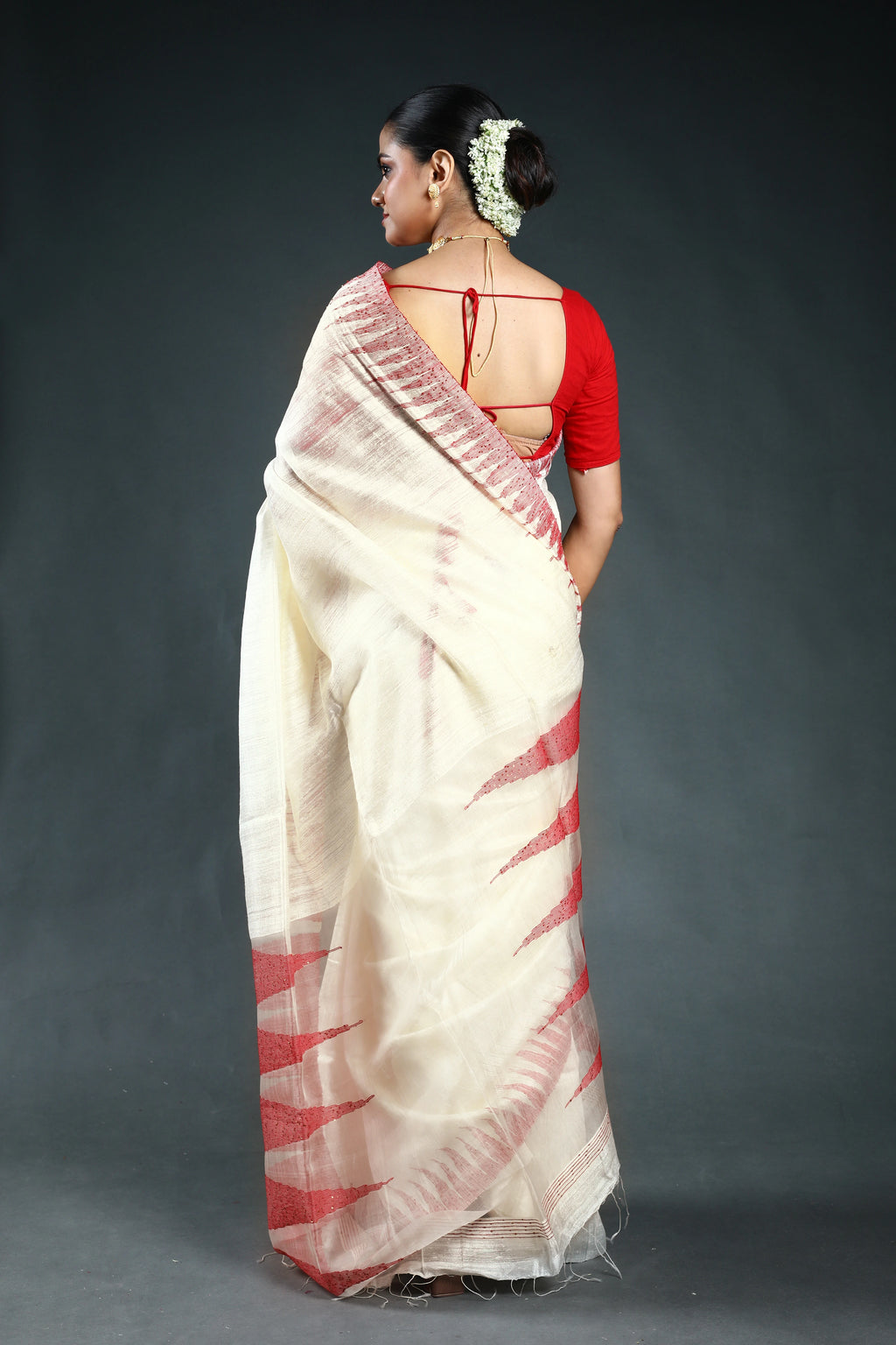 Red & Offwhite Tissue matka Saree with Blouse Piece