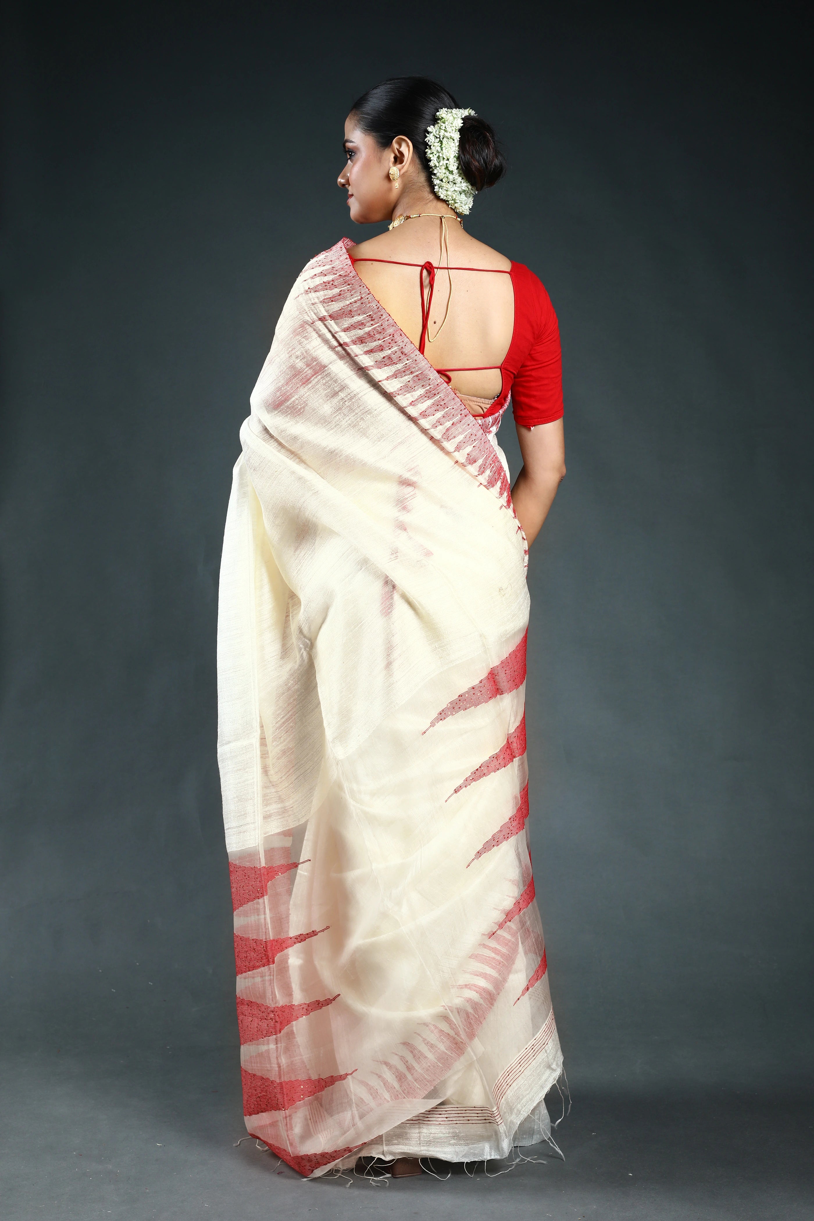 Red & Offwhite Tissue matka Saree with Blouse Piece