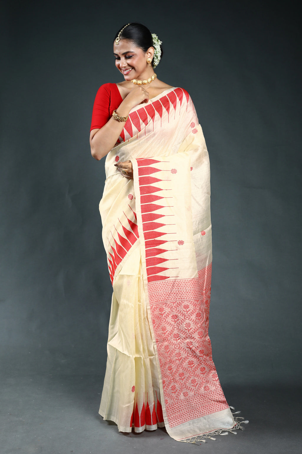 Red & Offwhite Bengal Handloom Tussar Saree with Blouse Piece