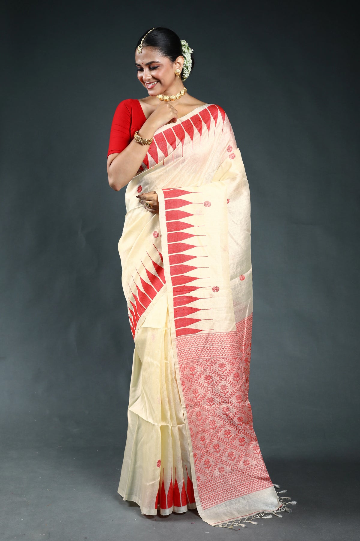 Red & Offwhite Bengal Handloom Tussar Saree with Blouse Piece