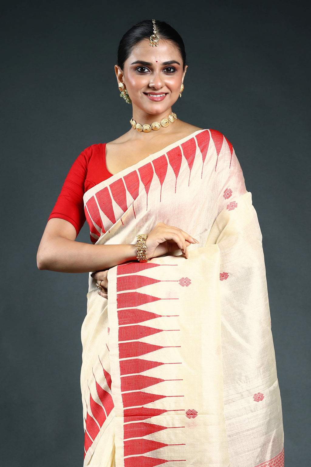 Red & Offwhite Bengal Handloom Tussar Saree with Blouse Piece