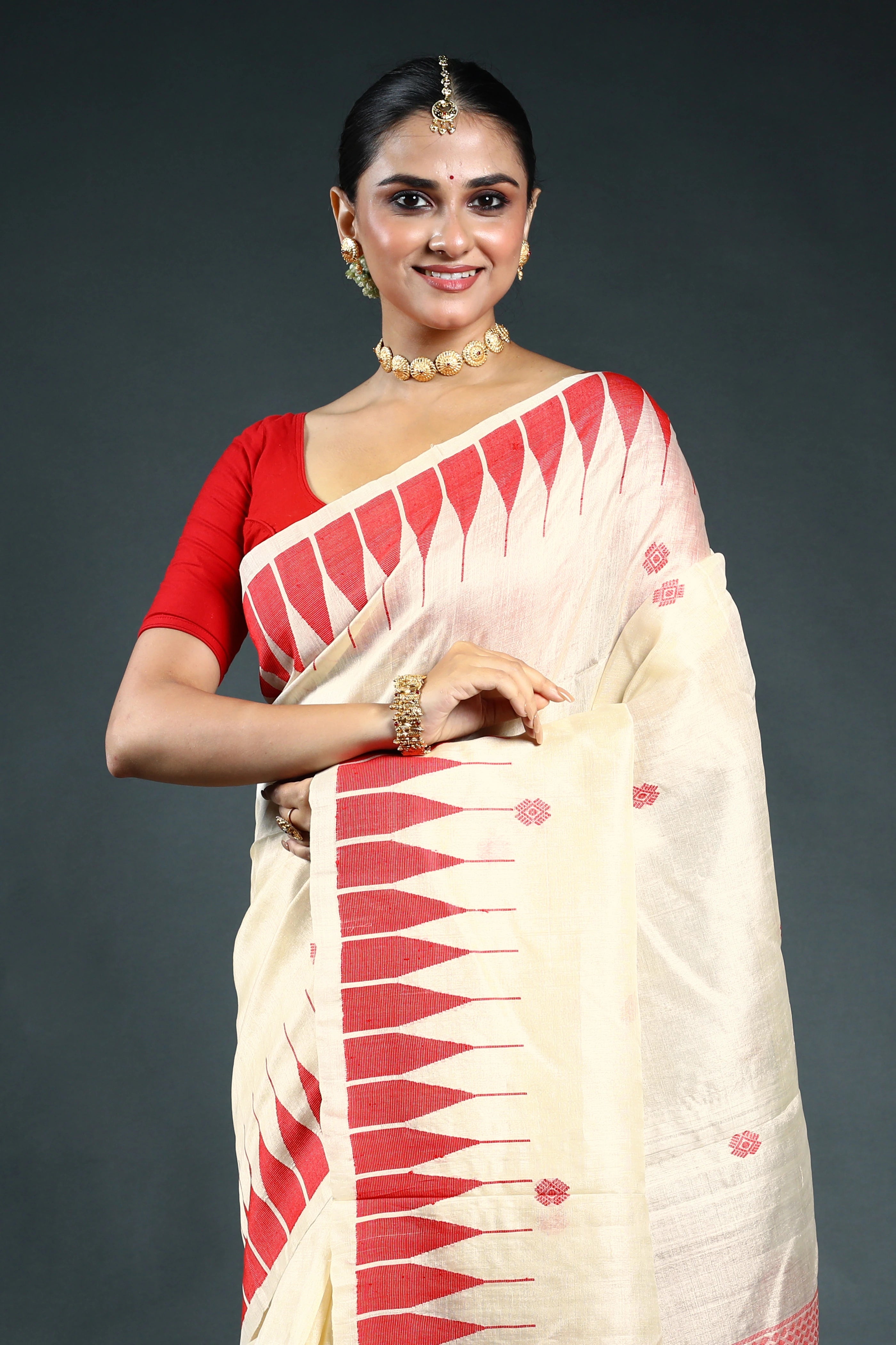 Red & Offwhite Bengal Handloom Tussar Saree with Blouse Piece