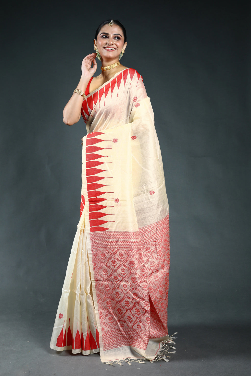 Red & Offwhite Bengal Handloom Tussar Saree with Blouse Piece