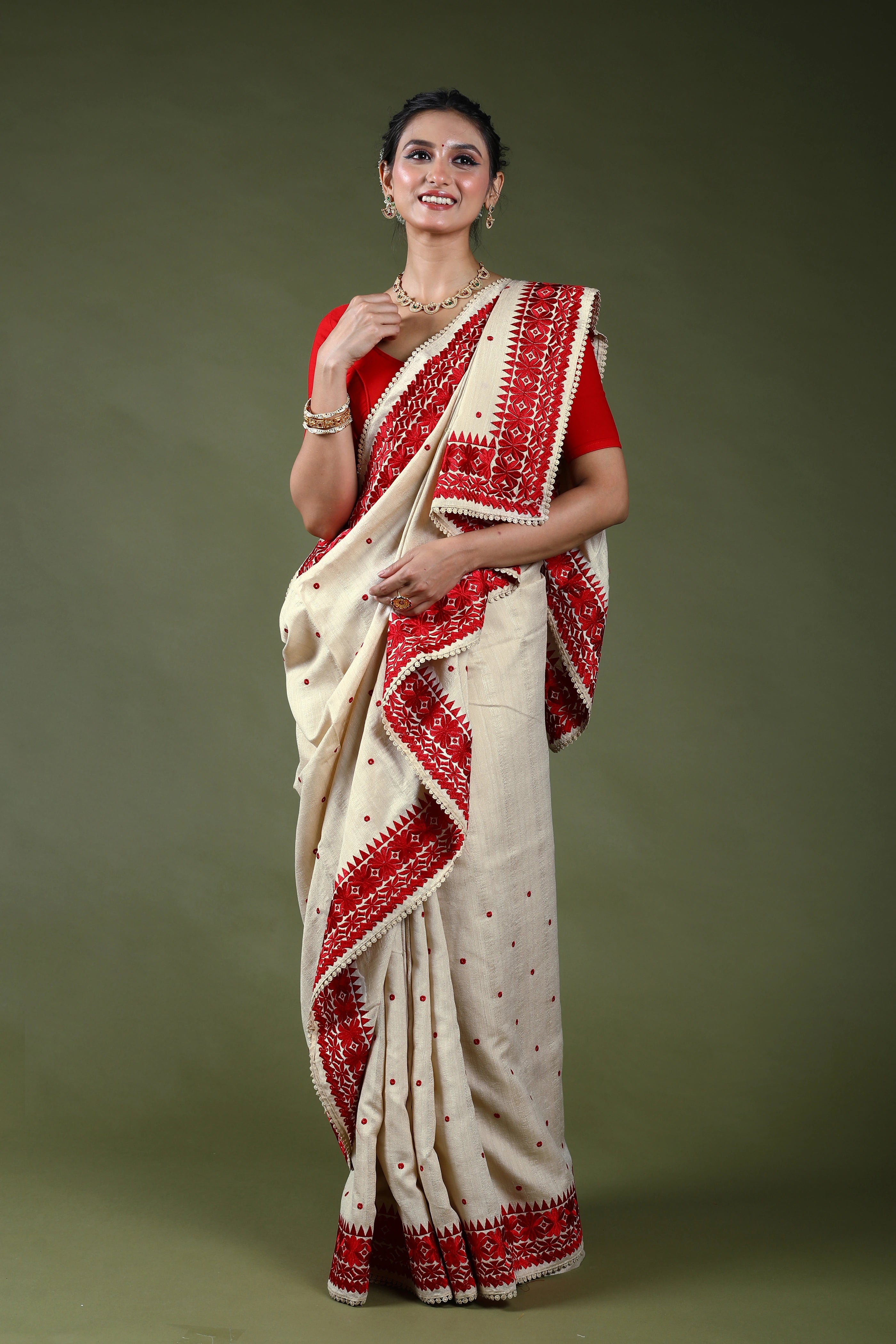 Offwhite Semi Tussar Machine Kathiyawadi Saree With Blouse Piece