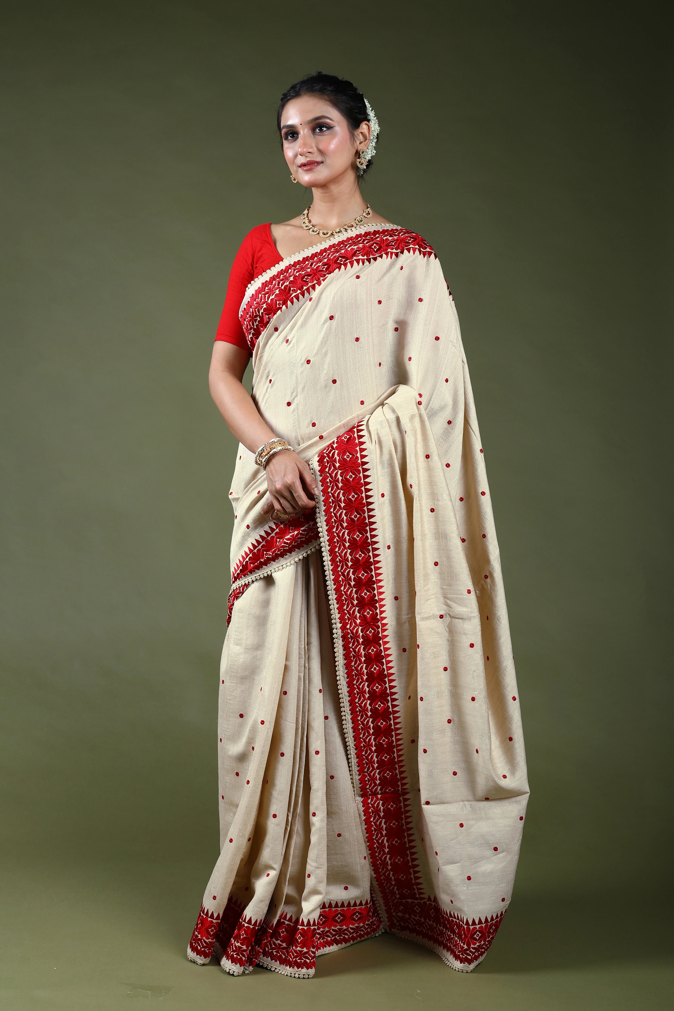 Offwhite Semi Tussar Machine Kathiyawadi Saree With Blouse Piece