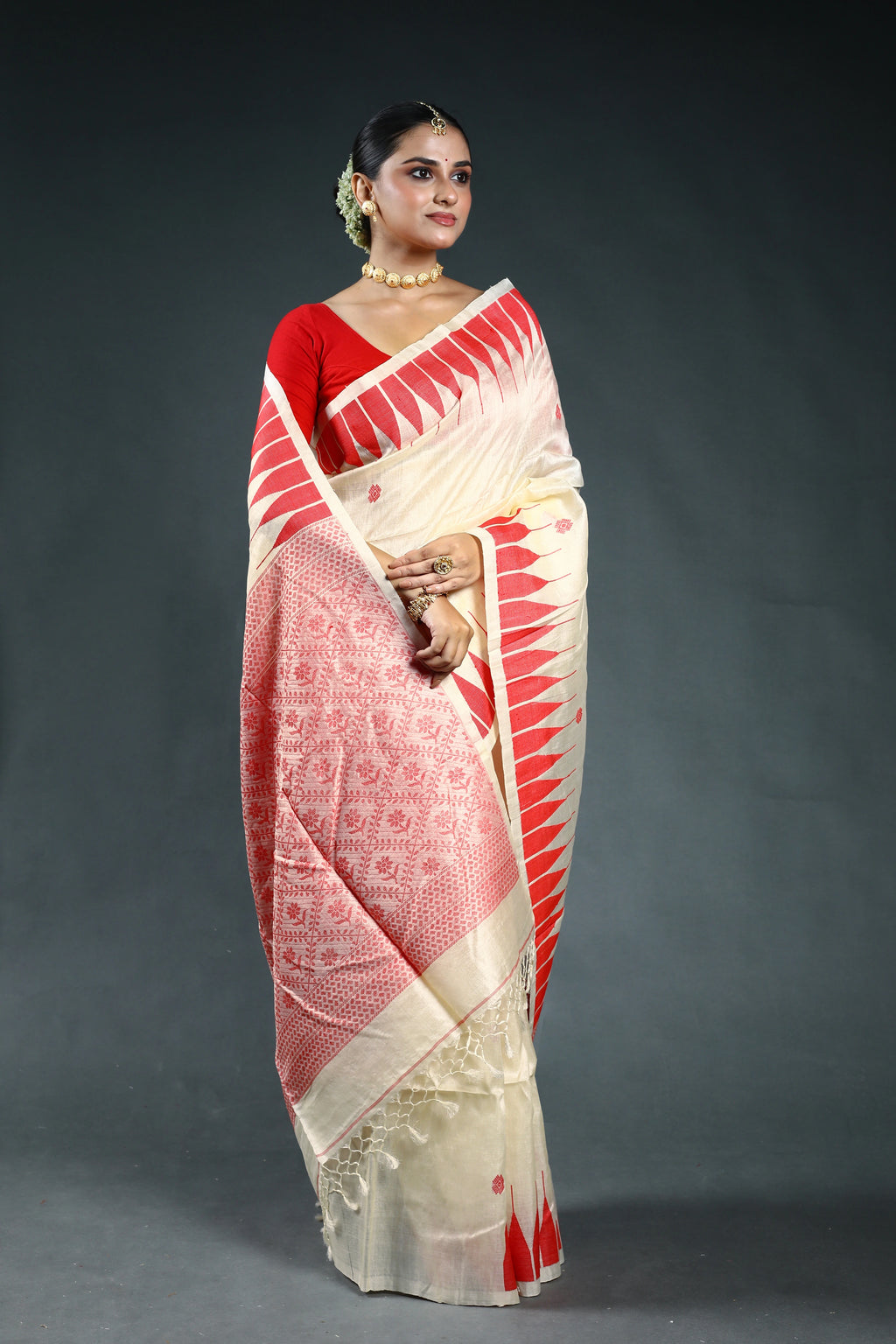 Red & Offwhite Bengal Handloom Tussar Saree with Blouse Piece