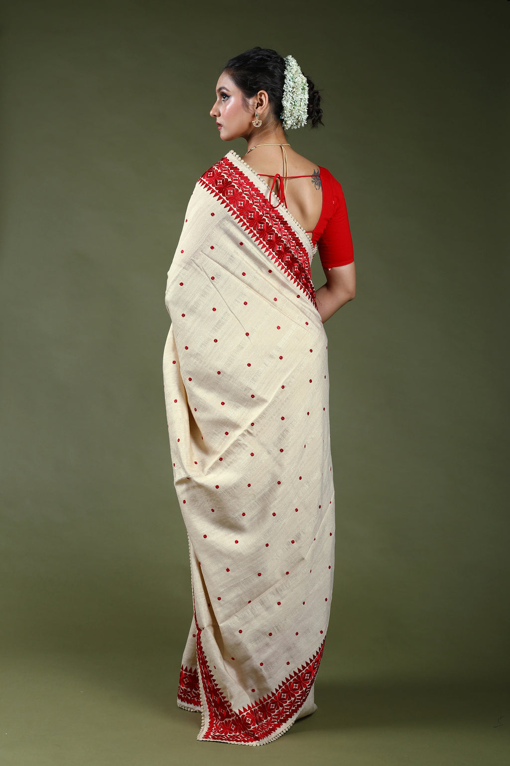 Offwhite Semi Tussar Machine Kathiyawadi Saree With Blouse Piece