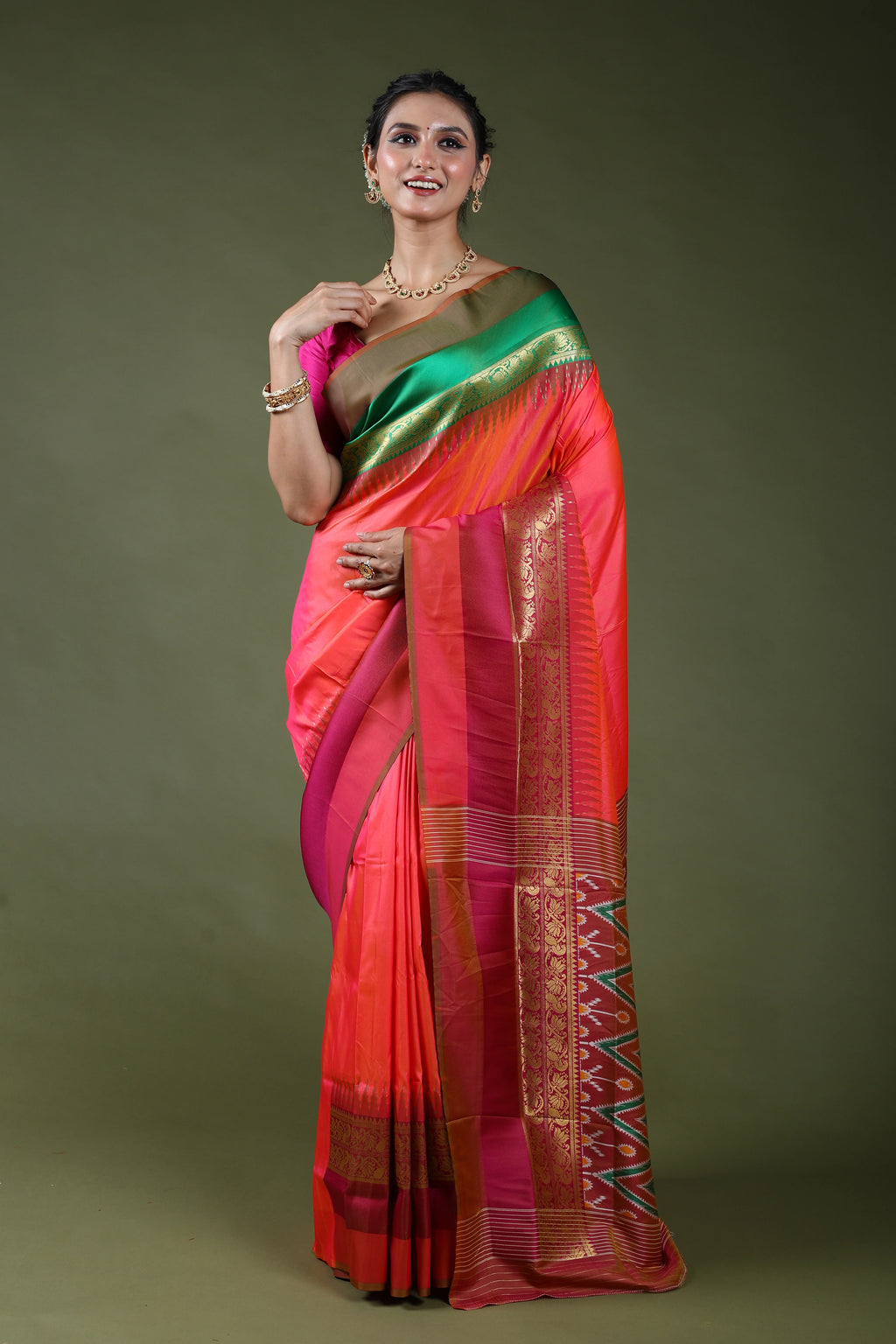 Orange Rani Dual Tone Semi Pochampally Silk Saree With Blouse Piece