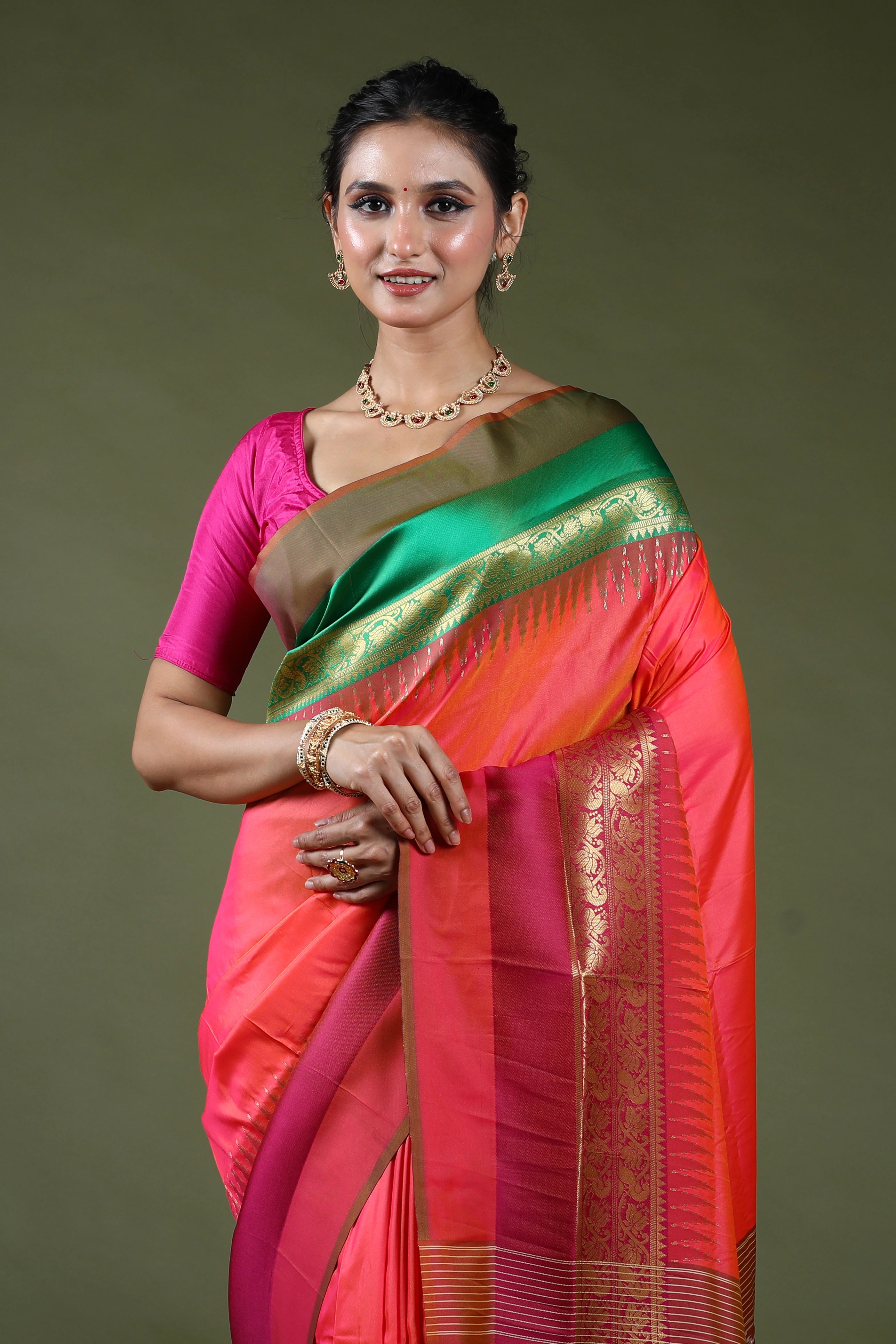 Orange Rani Dual Tone Semi Pochampally Silk Saree With Blouse Piece