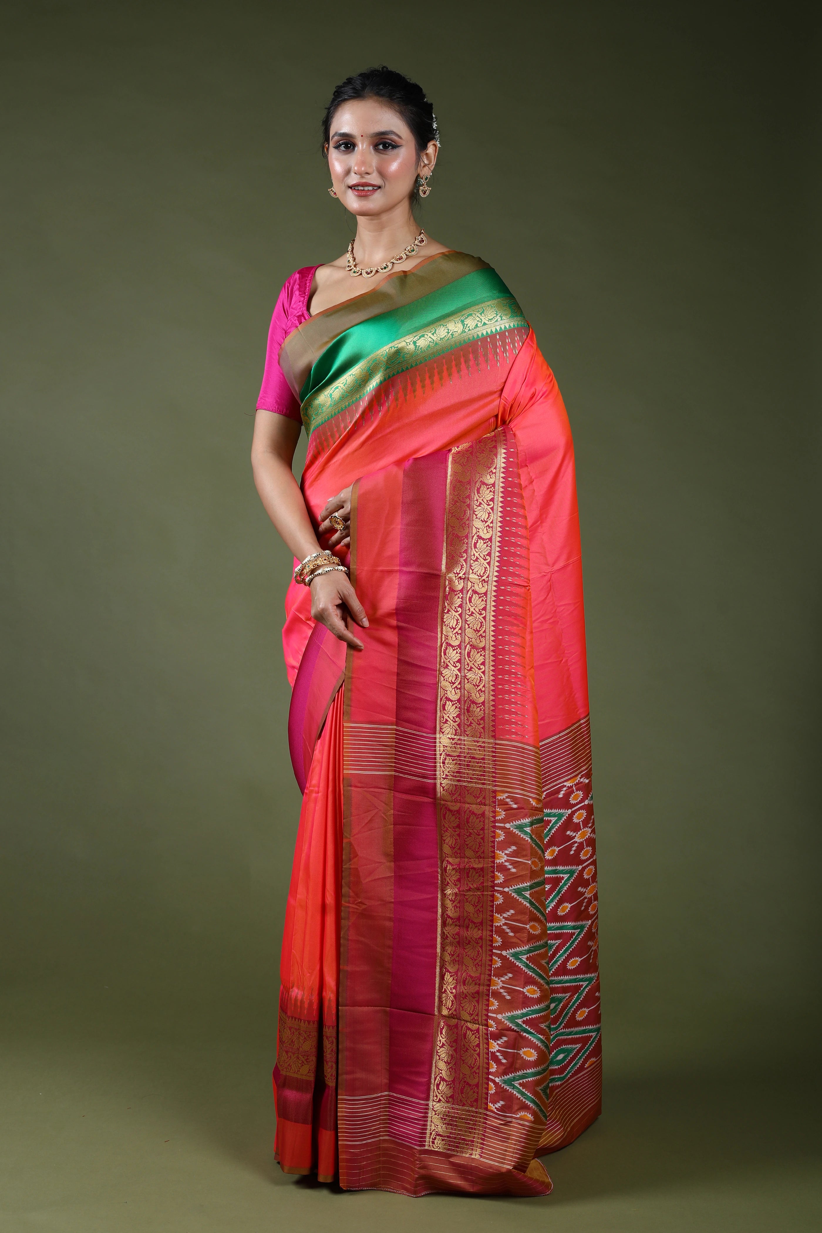 Orange Rani Dual Tone Semi Pochampally Silk Saree With Blouse Piece