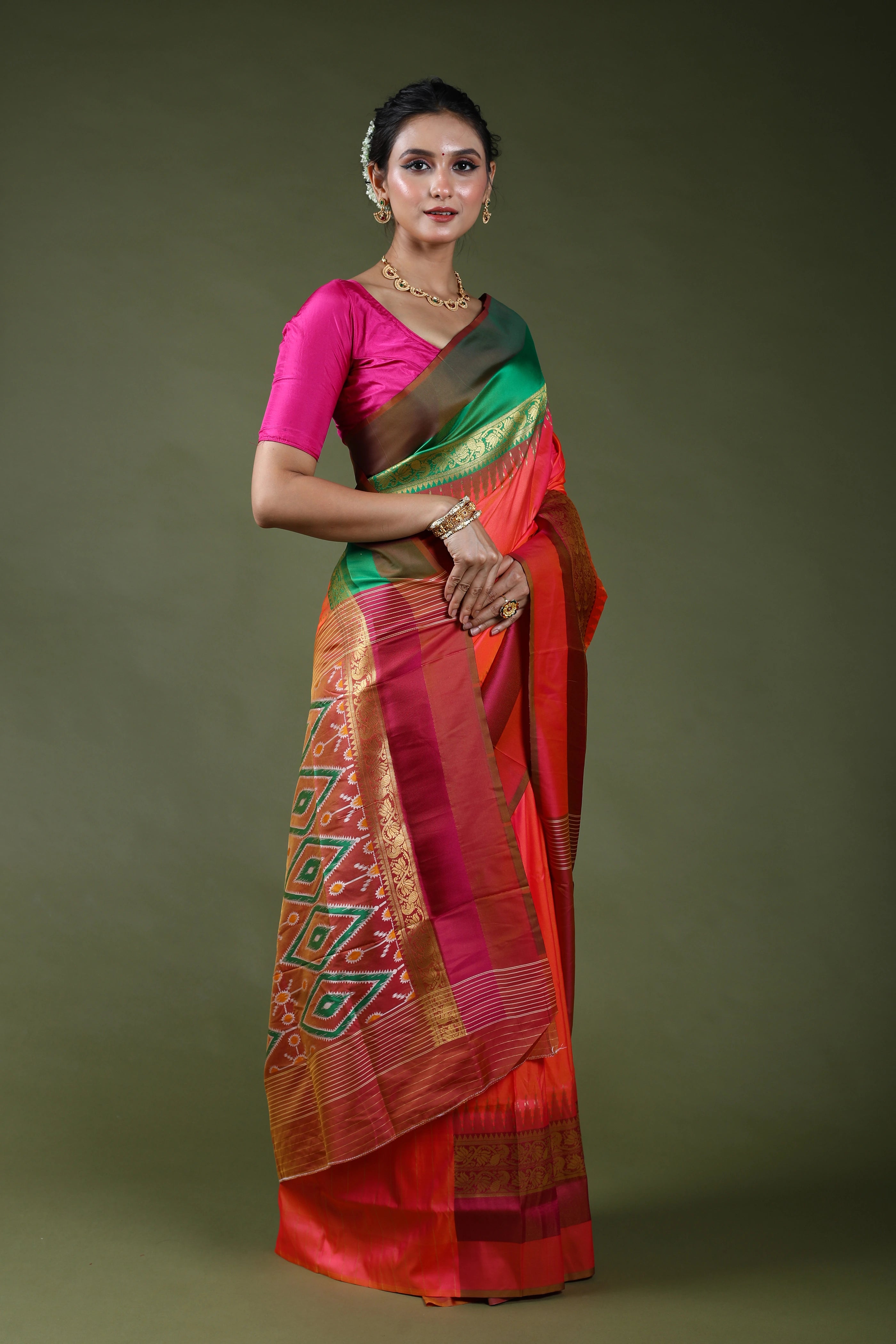 Orange Rani Dual Tone Semi Pochampally Silk Saree With Blouse Piece
