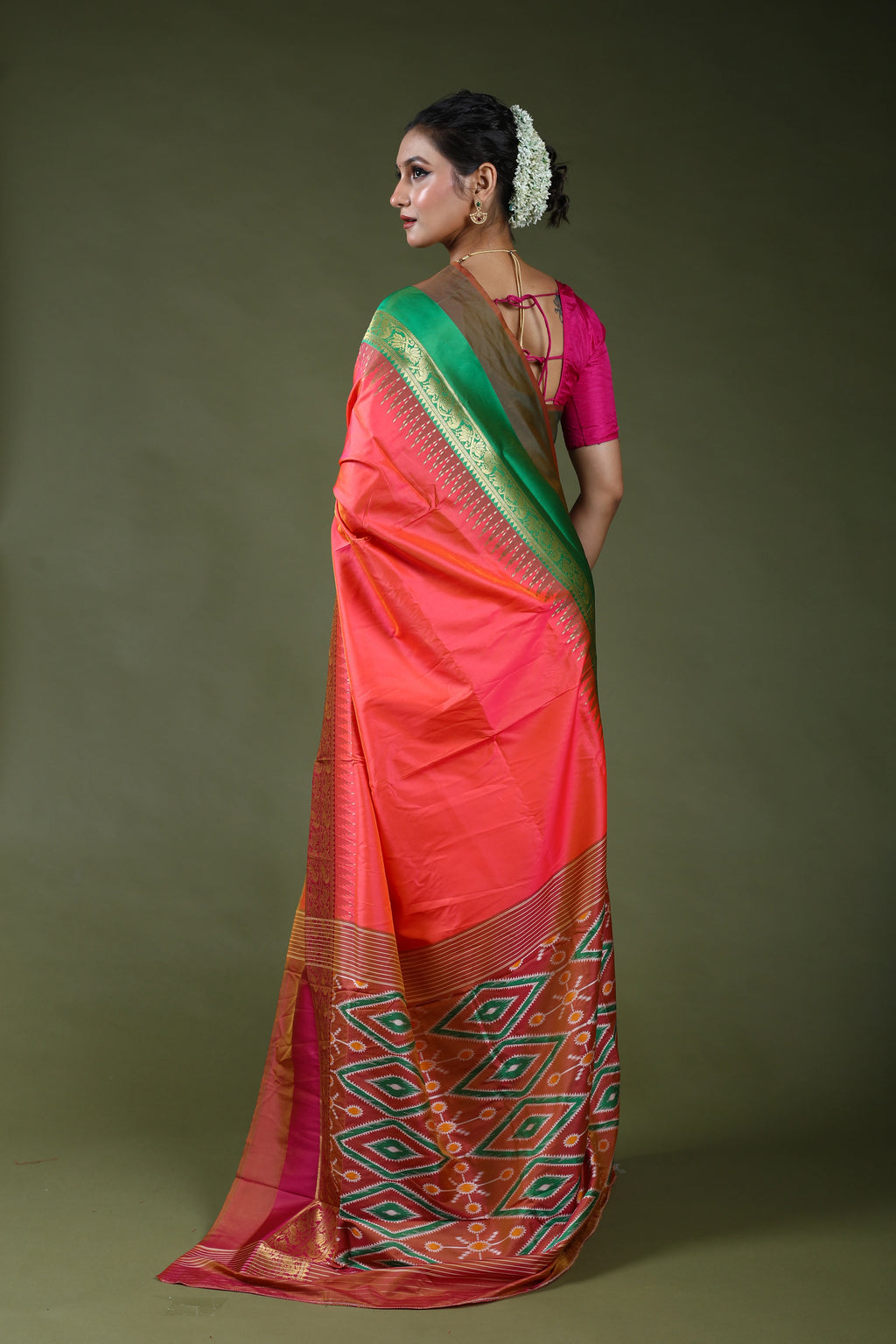 Orange Rani Dual Tone Semi Pochampally Silk Saree With Blouse Piece