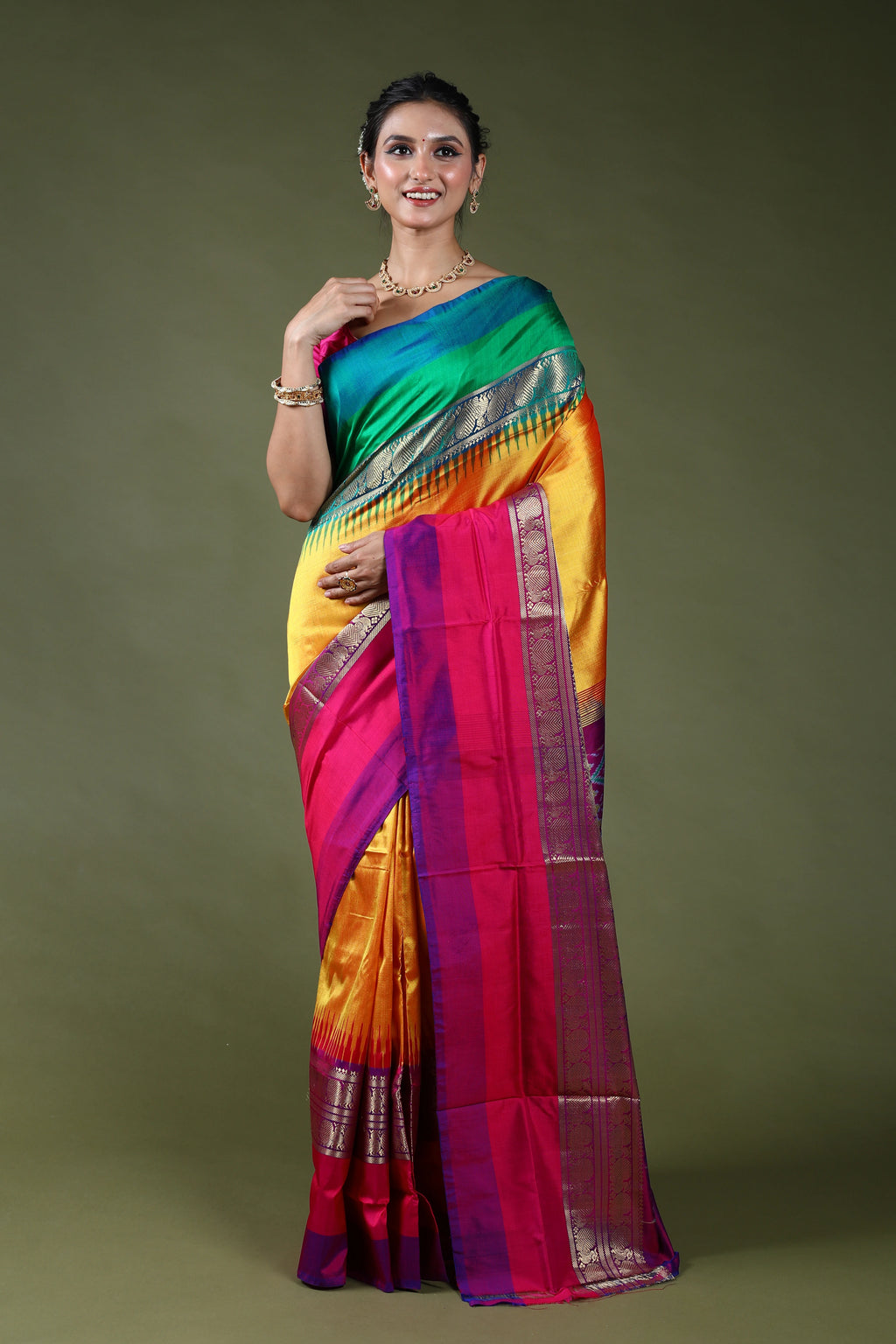 Yellowish Orange Pure Pochampally Saree With Blouse Piece