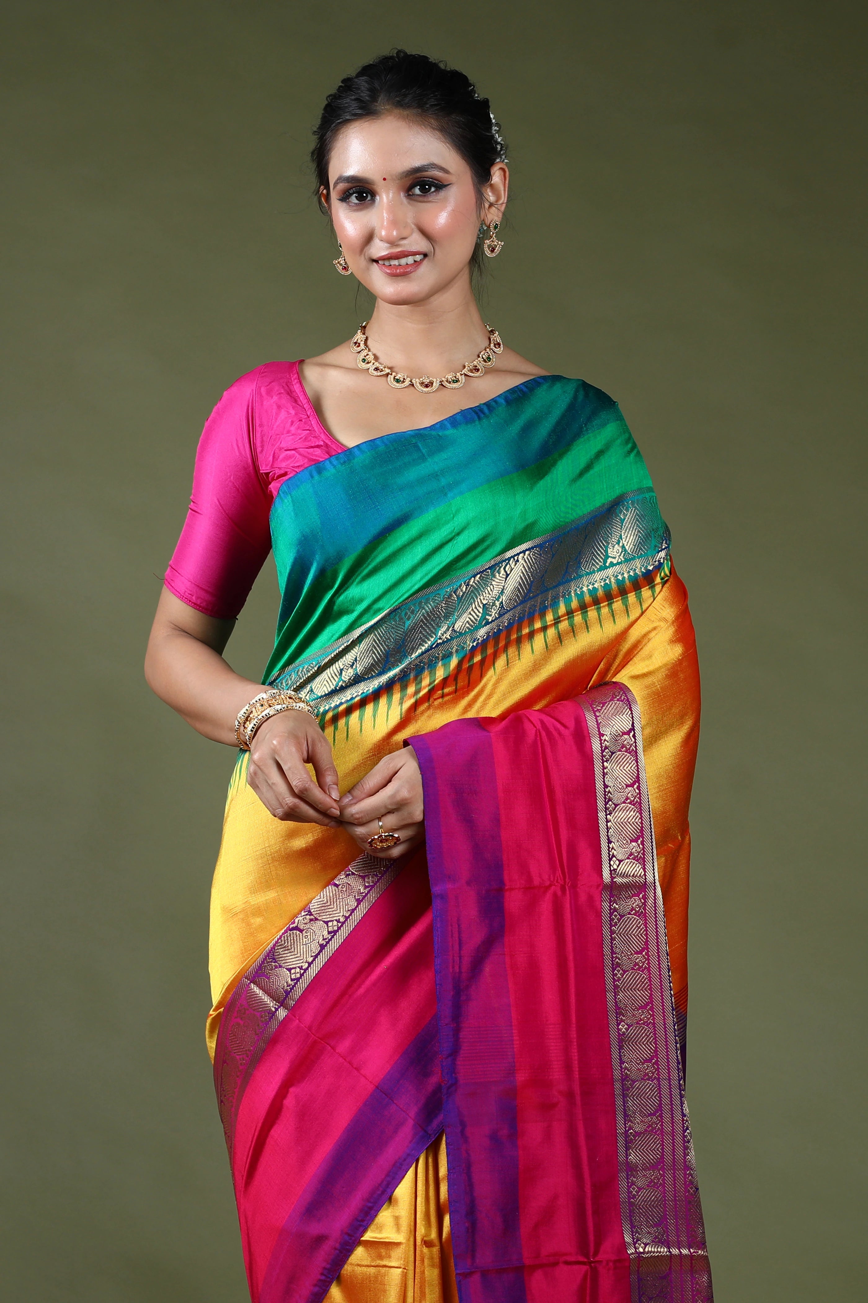 Yellowish Orange Pure Pochampally Saree With Blouse Piece