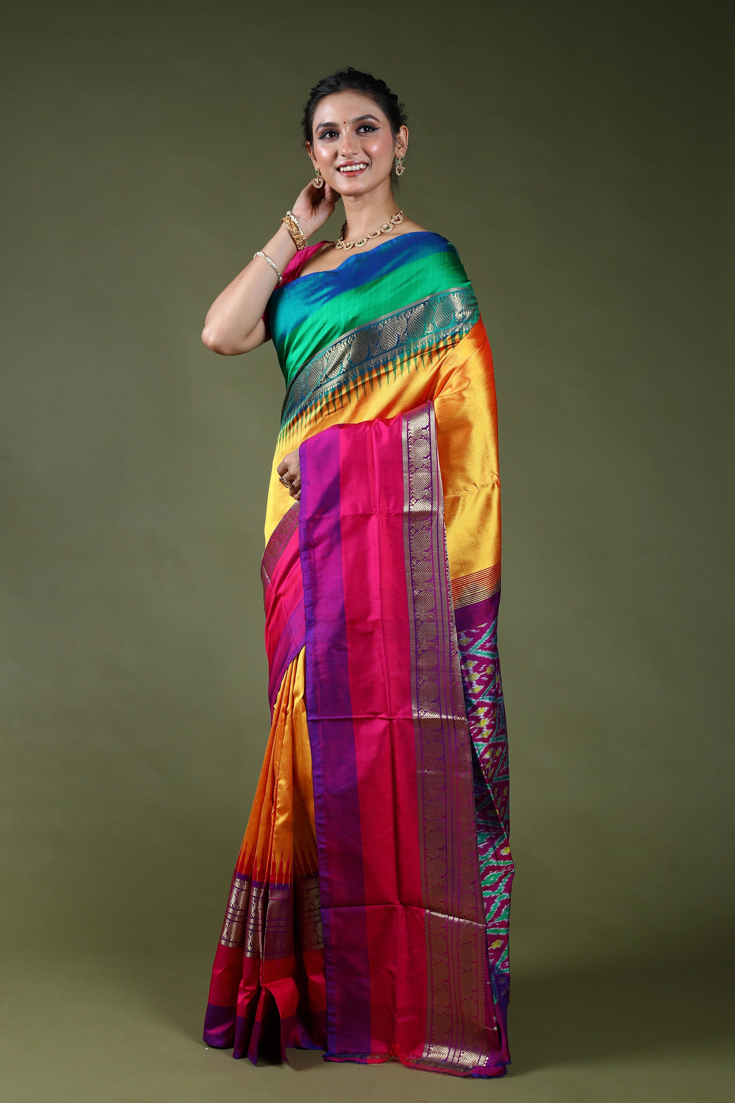 Yellowish Orange Pure Pochampally Saree With Blouse Piece