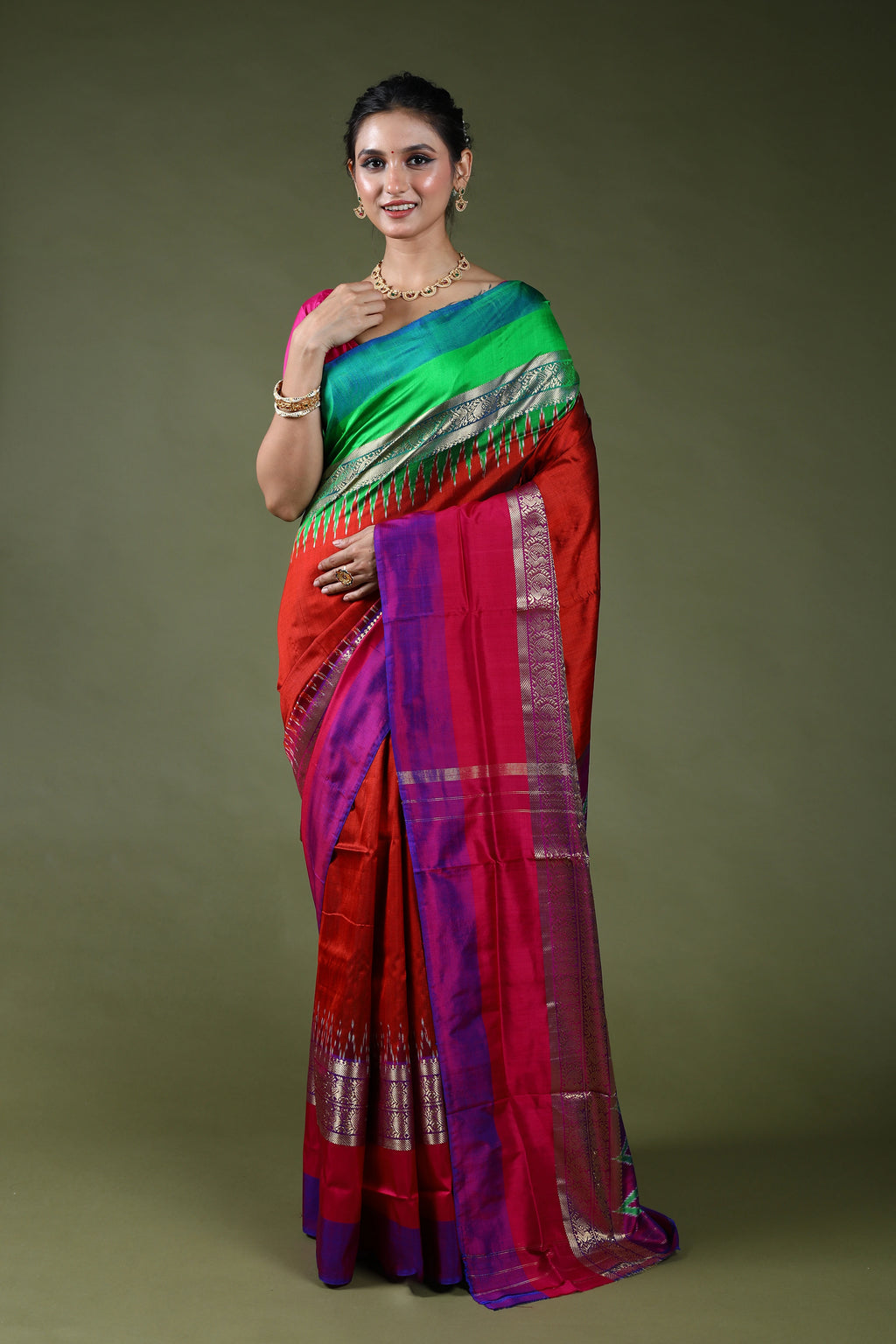 Brick Orange Pure Pochampally Saree With Blouse Piece