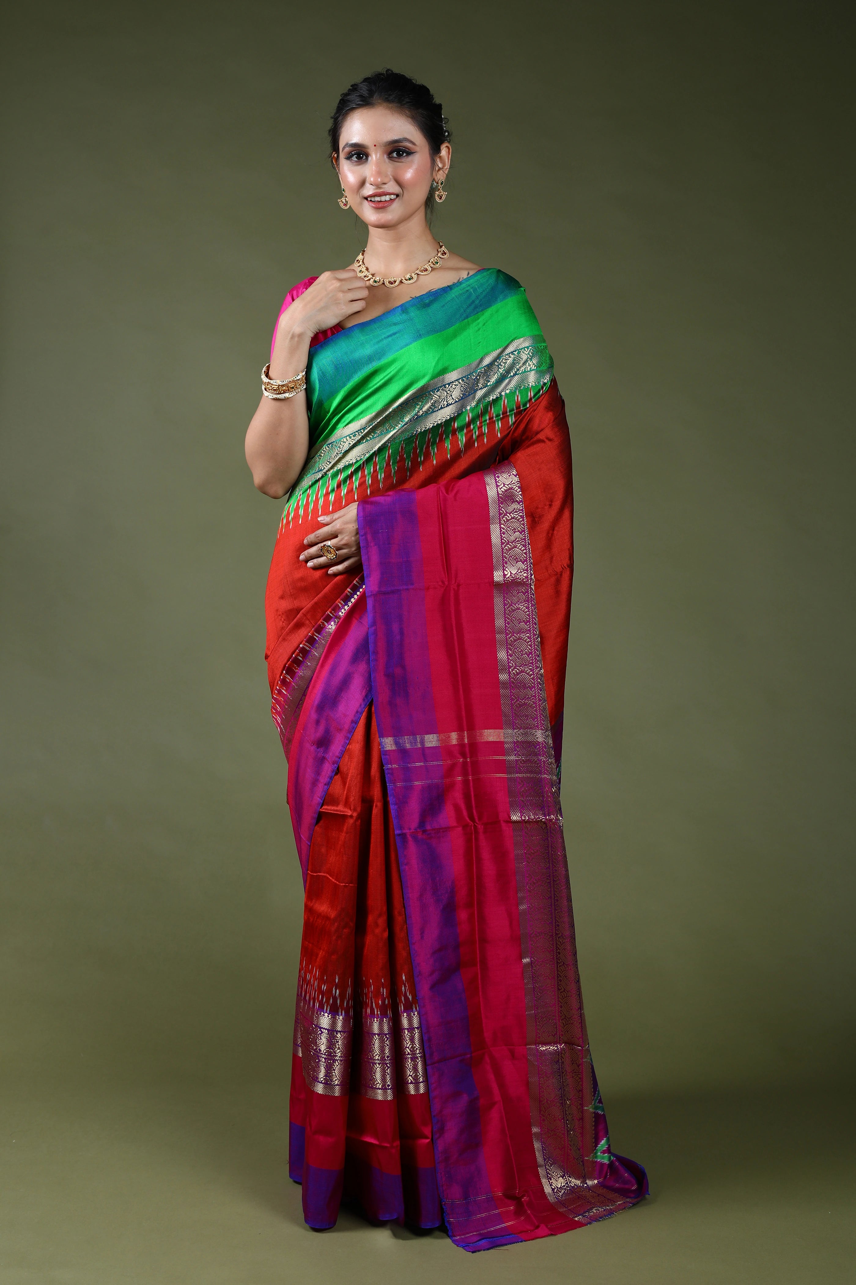 Brick Orange Pure Pochampally Saree With Blouse Piece