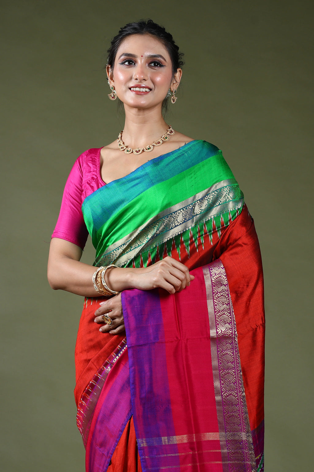 Brick Orange Pure Pochampally Saree With Blouse Piece