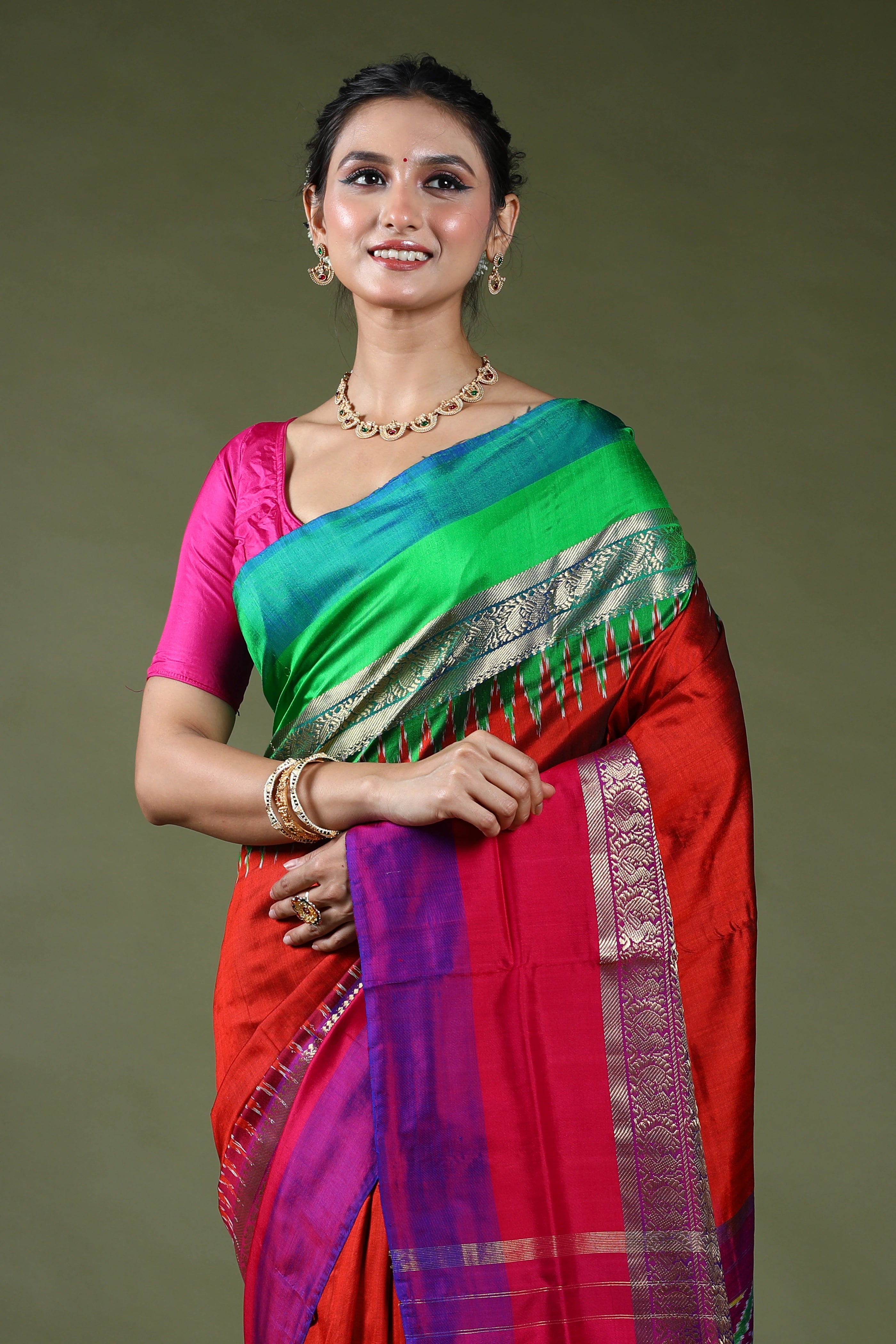 Brick Orange Pure Pochampally Saree With Blouse Piece