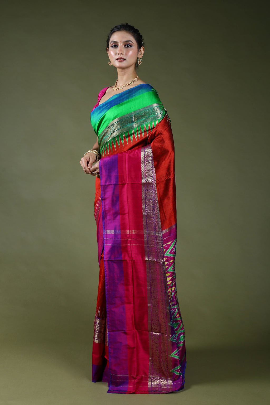 Brick Orange Pure Pochampally Saree With Blouse Piece