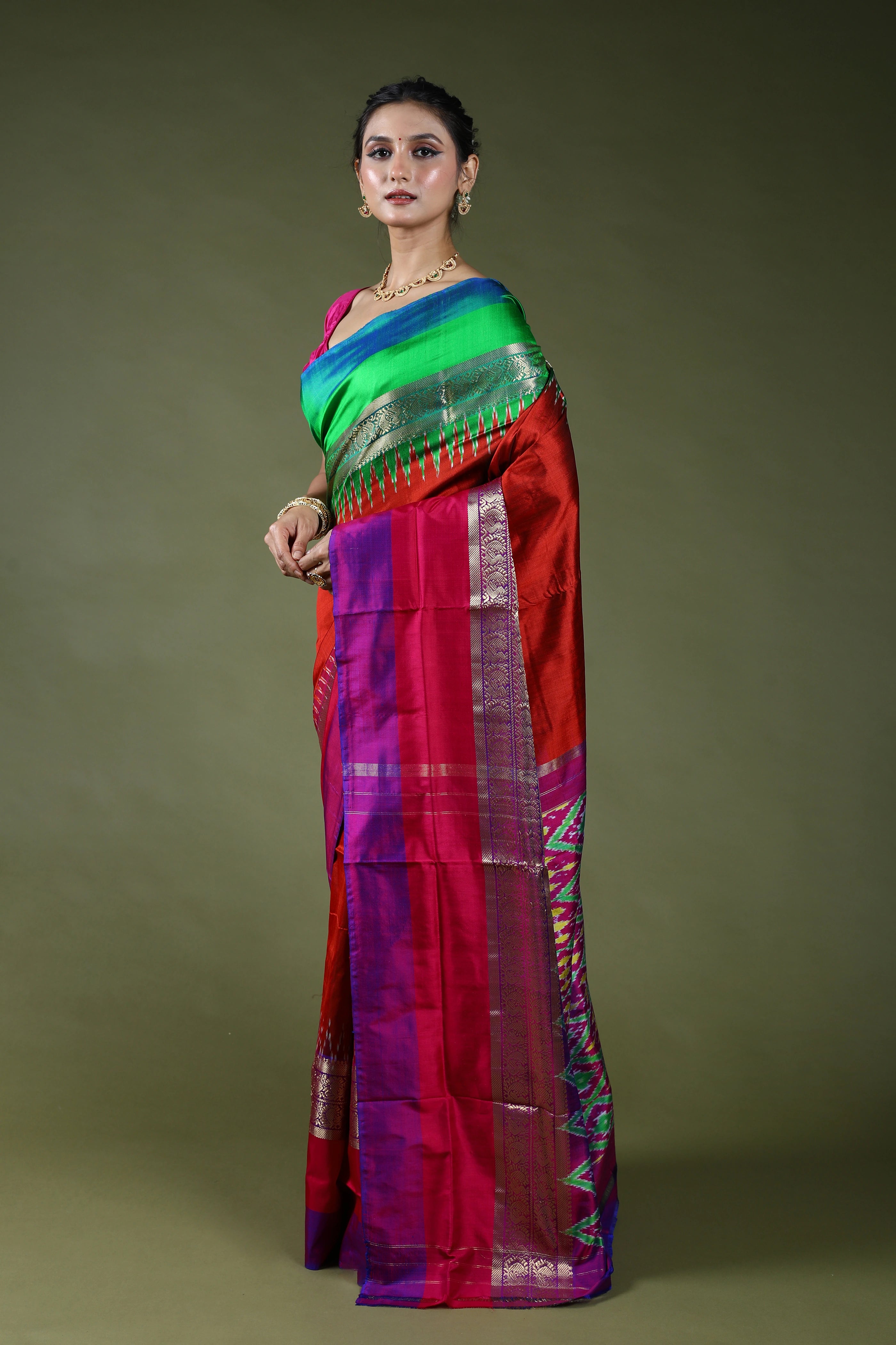 Brick Orange Pure Pochampally Saree With Blouse Piece