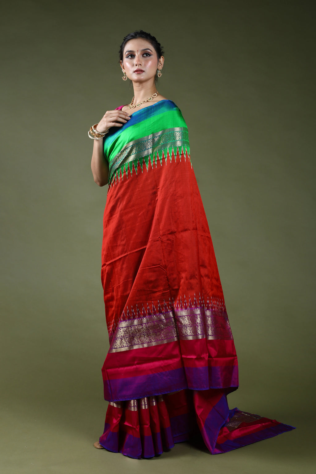 Brick Orange Pure Pochampally Saree With Blouse Piece