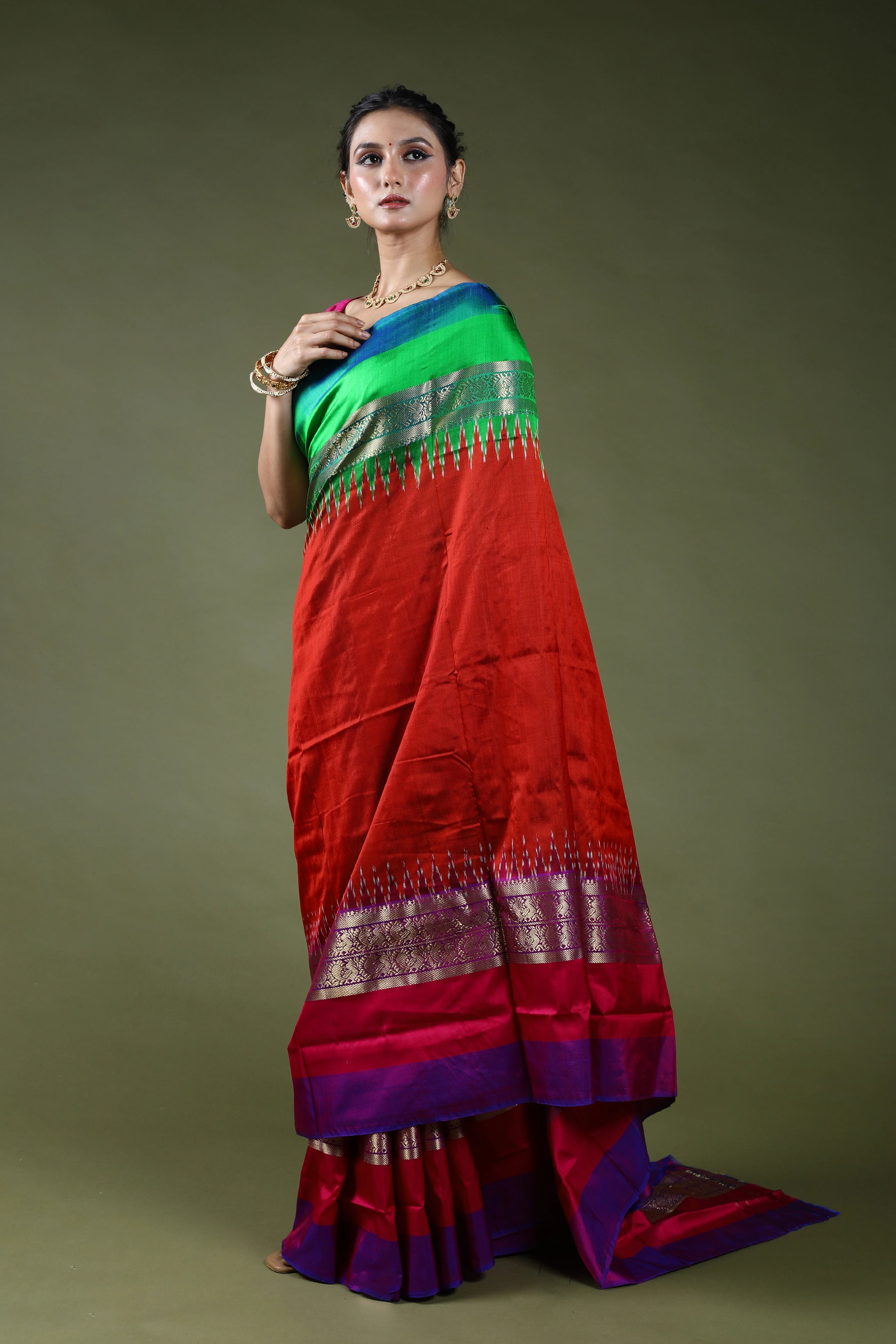 Brick Orange Pure Pochampally Saree With Blouse Piece